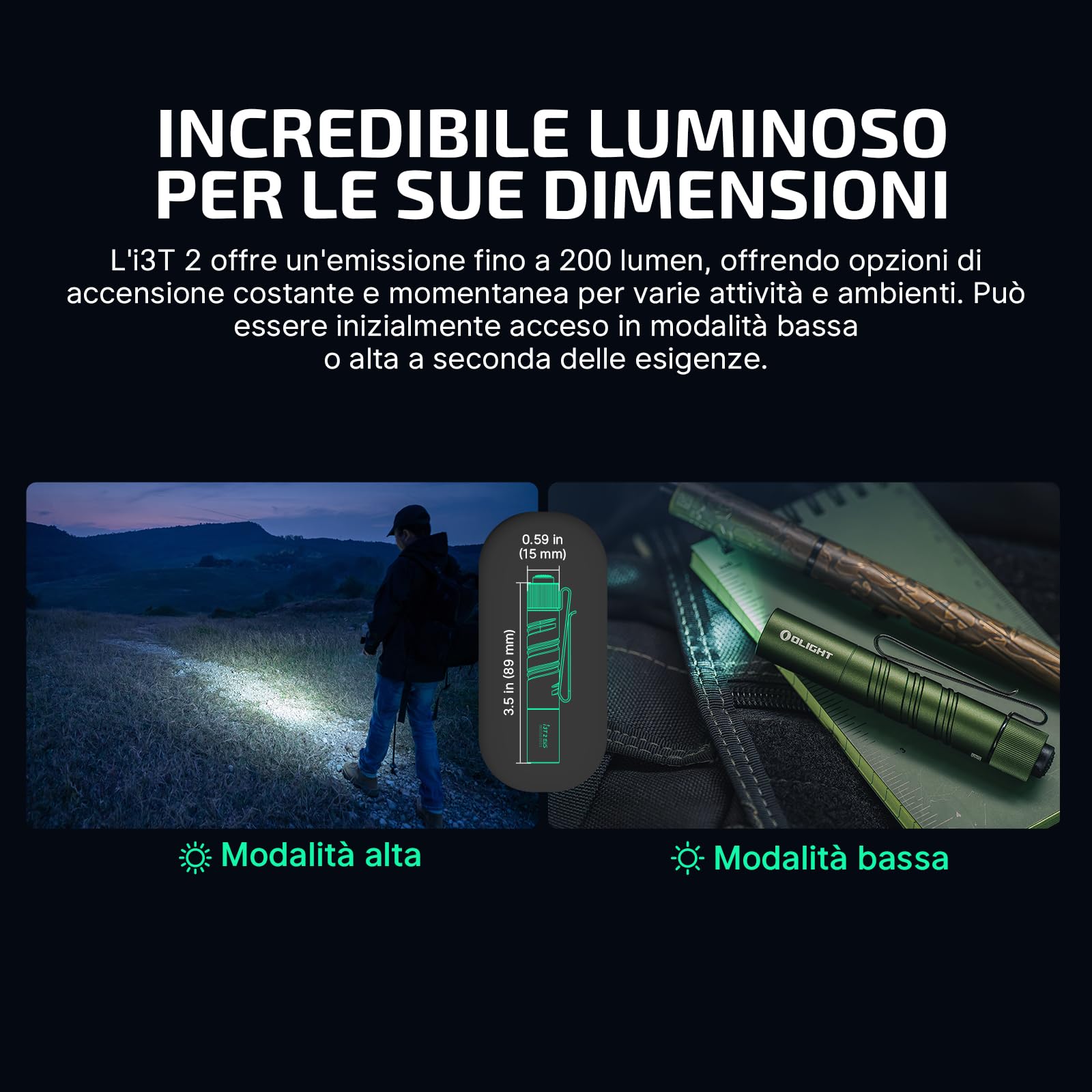 OLIGHT I3T 2 EOS Mini Torcia LED 200 Lumen 62m Range, Piccola Torcia Portachiavi con Interruttore di Shiusura, Luce Portatile Impermeabile IPX8, per il Campeggio all'aperto (Verde)