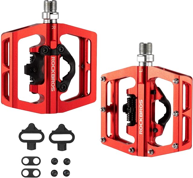 ROCKBROS Pedały Rowerowe Aluminiowe Antypoślizgowe Pedały SPD/Pedały Platformowe 9/16" do Roweru Szosowego MTB Czarne Czerwone Niebieskie Ti