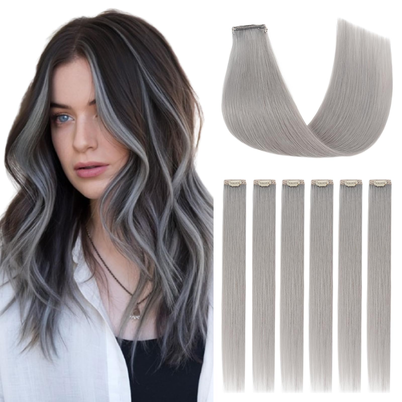 Silk-co Clip in Hair Extensions Real Human Hair Extension Double Weft With Lace Coverd Clip in Silky Straight 100% Natural Very Thin Highlight efffect for Women 6PCS 6Clip 12Inch #Sliver Grey 33g