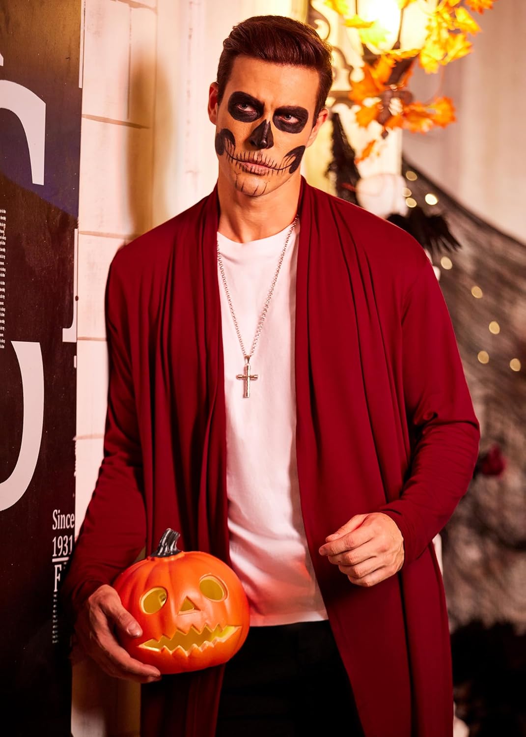 COOFANDY Men's Lightweight Ruffle Shawl Collar Cardigan Open Front Long Length Drape Cape Overcoat - Image 3