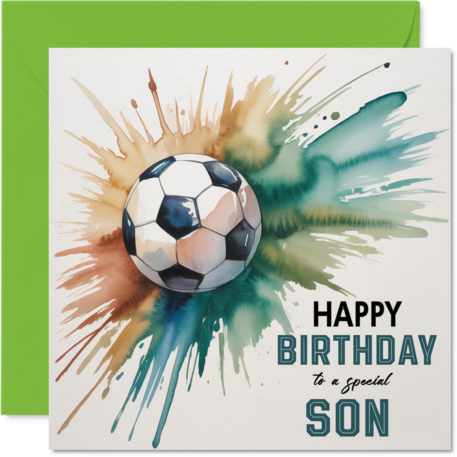 Son Birthday Card - Watercolour Football Splash - Happy Birthday Card for Son from Dad Mum, 145mm sports themed Bday Greeting Cards