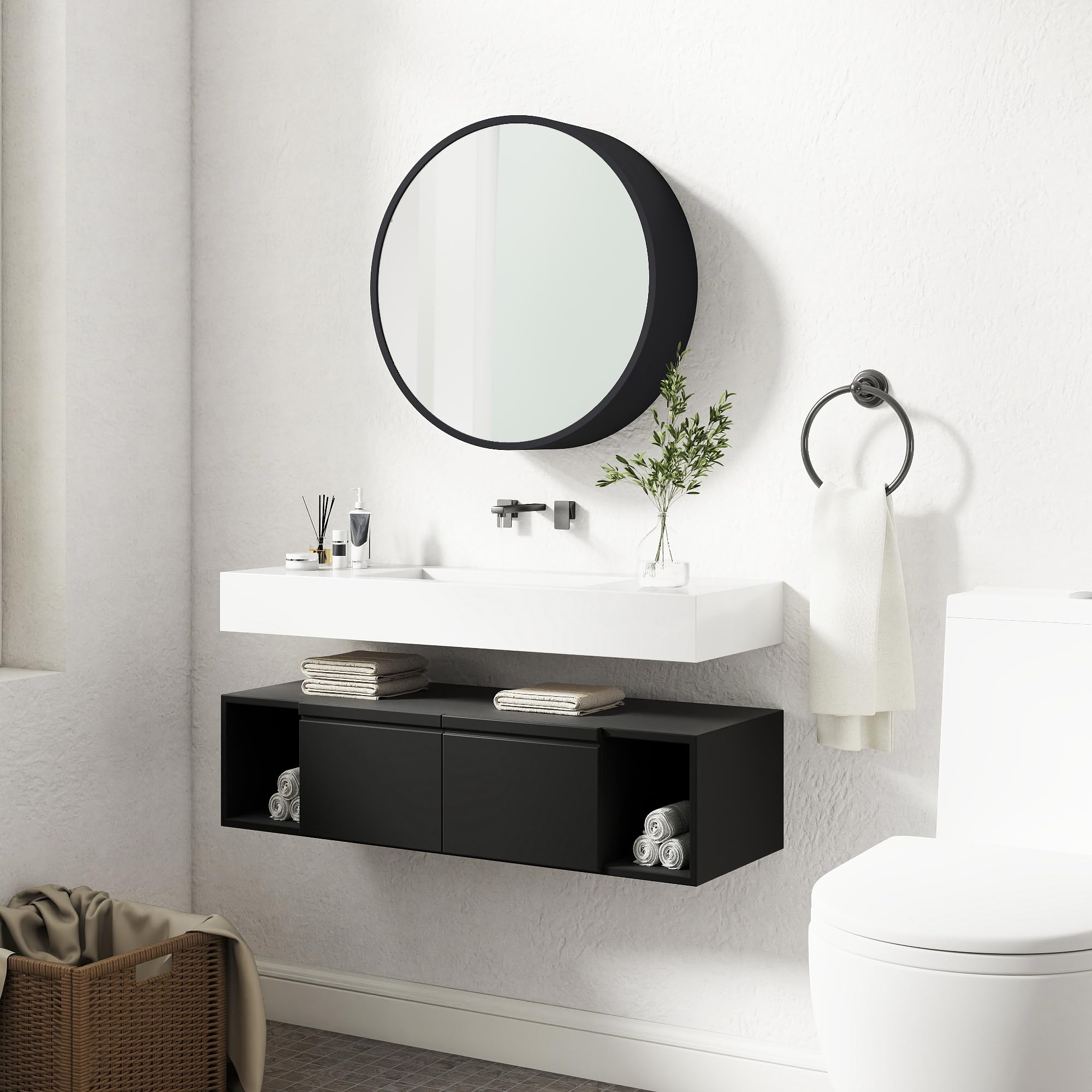 SUNWAVE 20 Inch Round Black Medicine Cabinet with Mirror, Modern Wall Mounted Vanity Cabinet for Bathroom, Circle Bathroom Mirror with Storage, Space-Saving Wood Cabinet (Black, 20 Inch)