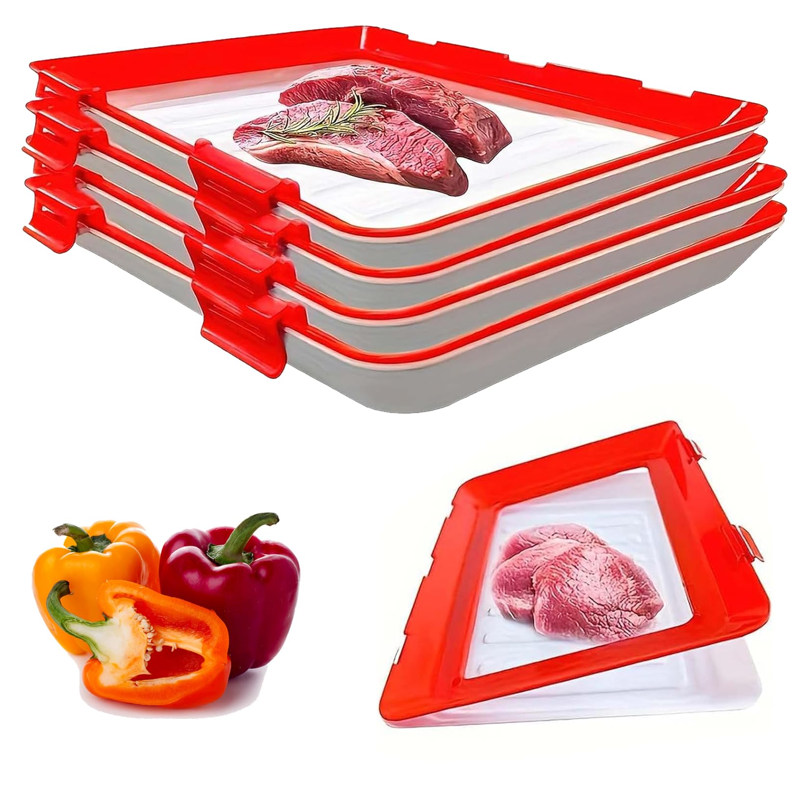 Vacuum Seal Food Storage Tray – Stackable Reusable Fresh Container with Buckle & Stretch Lid, BPA-Free Fridge Saver – 30×23cm, 1/2/3/4-Pack Options (Red 4-pack)