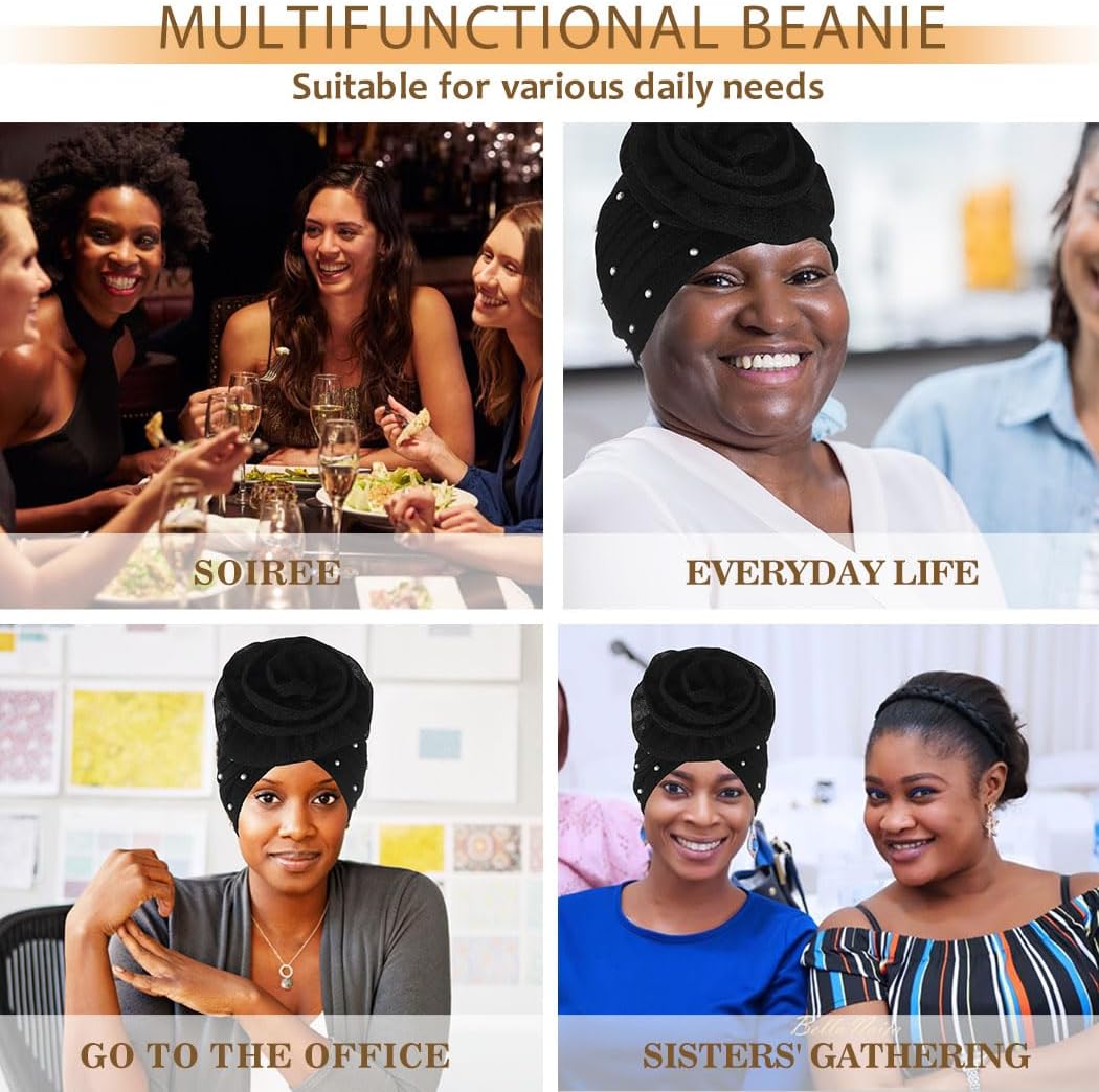 Bohend Big Flower Glitter Pleated Headwrap Cap Pearl Pre Tied Turbans Beanie Knotted Bonnet Stretch Headscarf Hat Women - Image 5