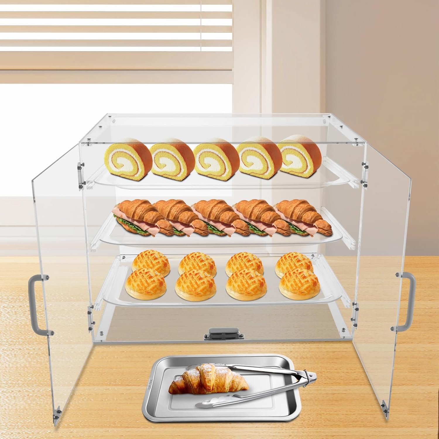 Acrylic Bakery Display Case, Countertop 3 Tier Pastry Display Case Tray, 17”D x 21”W x 15”H Clear Showcase for Bread Pastry Desserts Food Cookie, Commercial Display Box for Baking