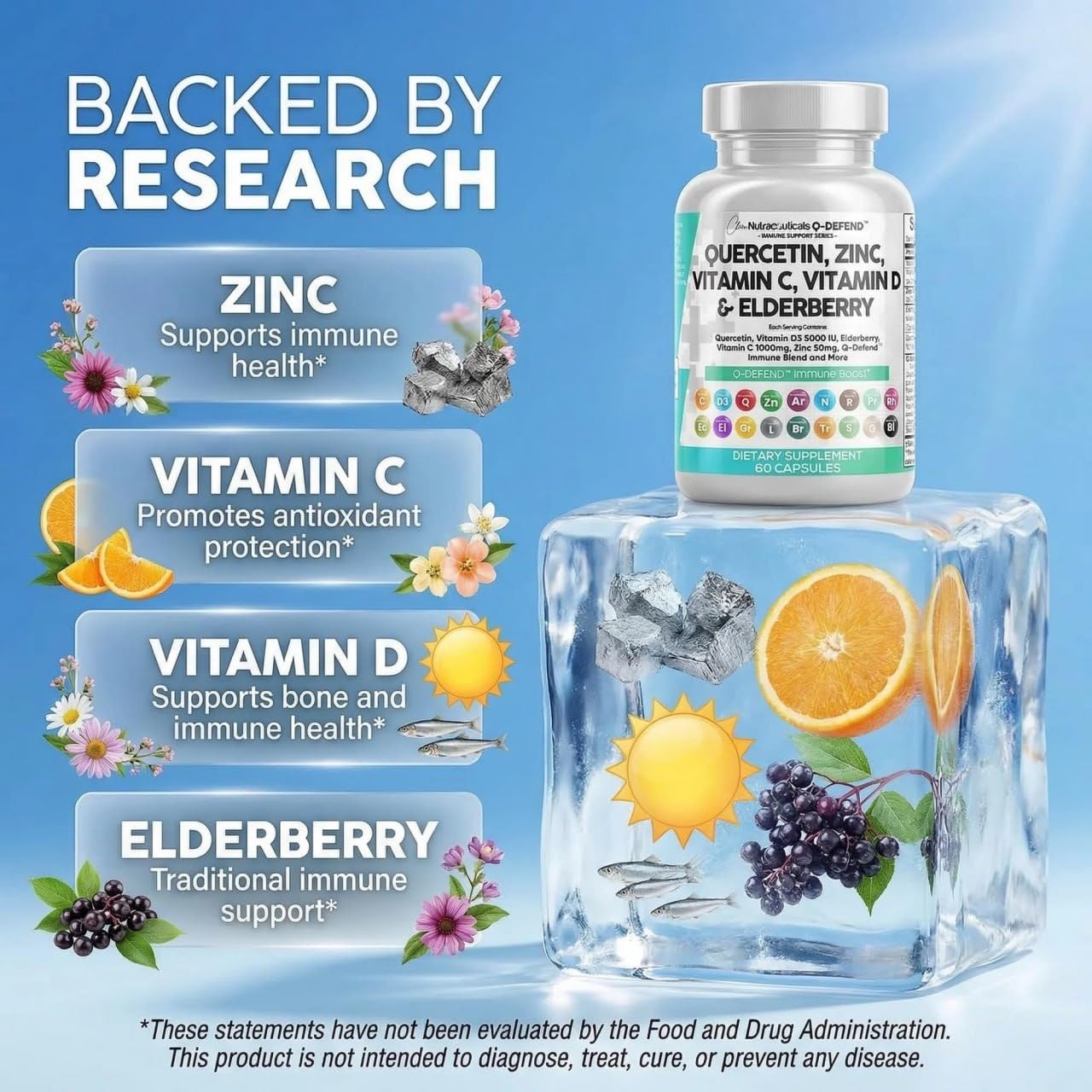 Q Defend Quercetin Supplement with Zinc Vitamin C Vitamin D Elderberry Turmeric Black Pepper Garlic Ginger Sea Moss Lysine Stinging Nettle Reishi Mushroom Immune Support 60 Capsules — Amazon image 3