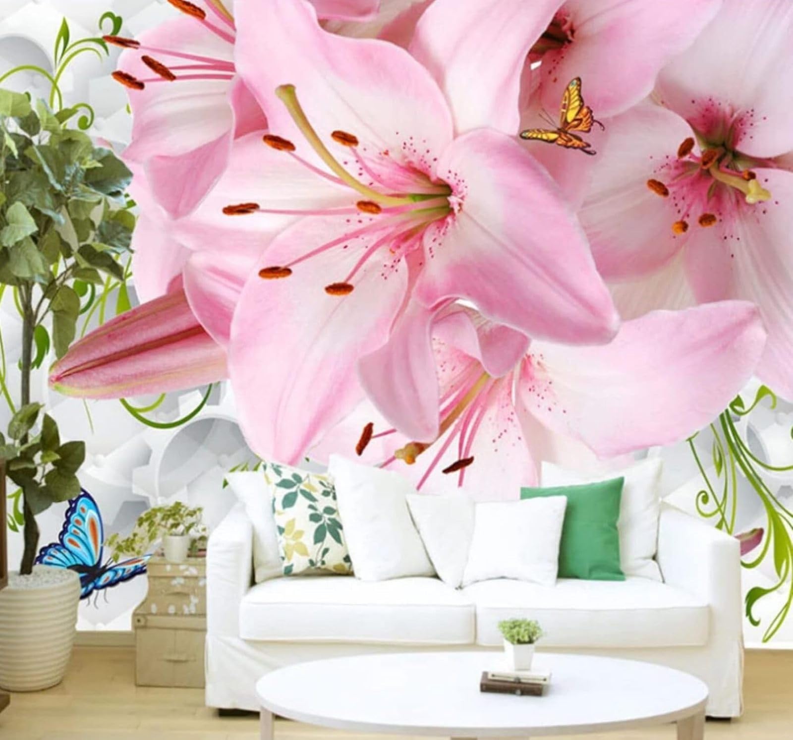 XLMING Fresh Three Dimensional Beautiful Lilies Butterflies 3D Wallpaper Luxury Silk Study Dining Feature Sofa Grey Bedroom Living Room Tv Decorative Wall-300cm×210cm