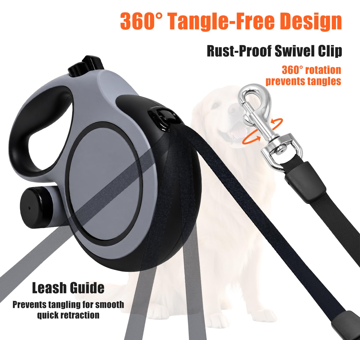 Correa retráctil para perro con soporte para bolsa de excremento, correa extendida de 8 m con gancho giratorio de 360°, diseño sin enredos, cómodo mango antideslizante y botón de freno rápido