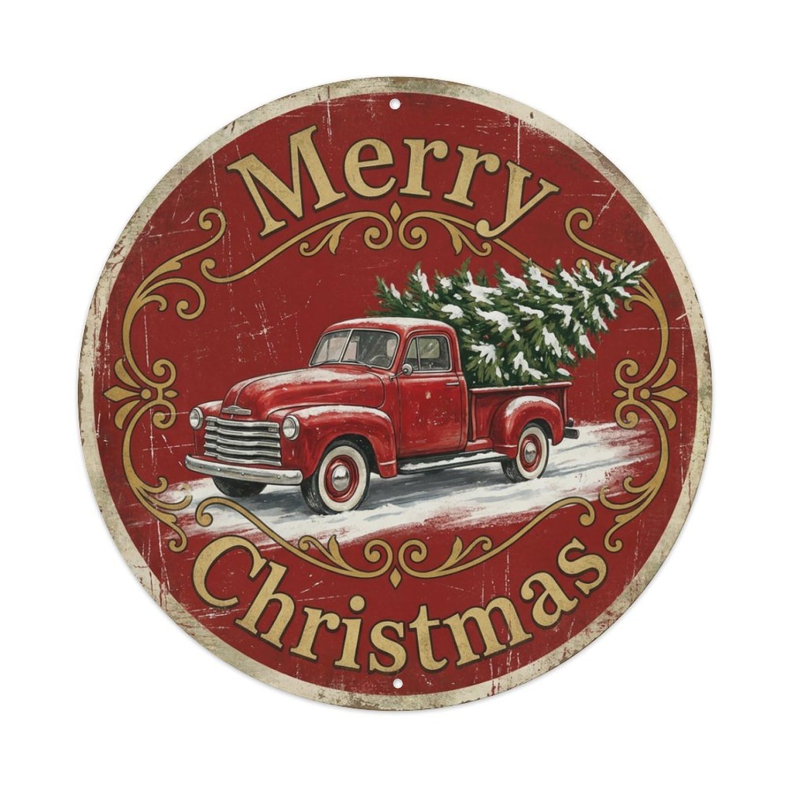 Merry Christmas Red Truck Tree Metal Tin Sign