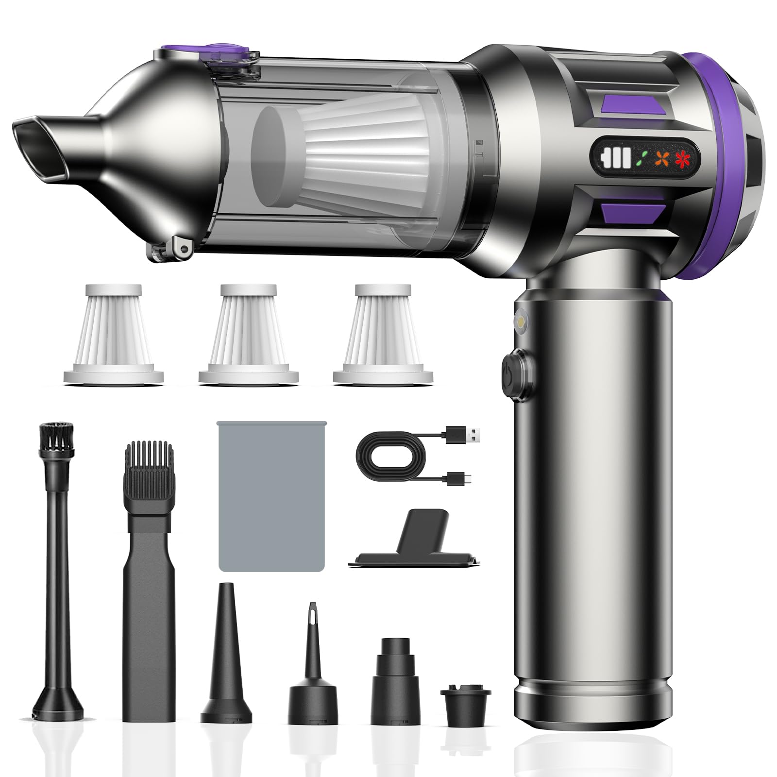 Kedifoai Aspirabriciole Senza Fili, 25000Pa Aspirapolvere Auto, Aspirapolvere Portatile con Motore Brushless, Batteria da 6000 mAh, Mini Aspirapolvere Con Display a LED, per Auto, Peli di Animali