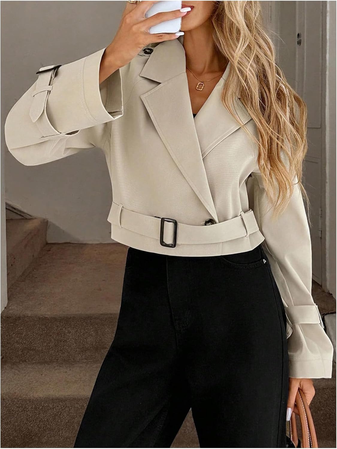 GORGLITTER Women's Cropped Trench Coat Trendy Long Sleeve Work Office Belted Jacket Fall Outfits - Image 3