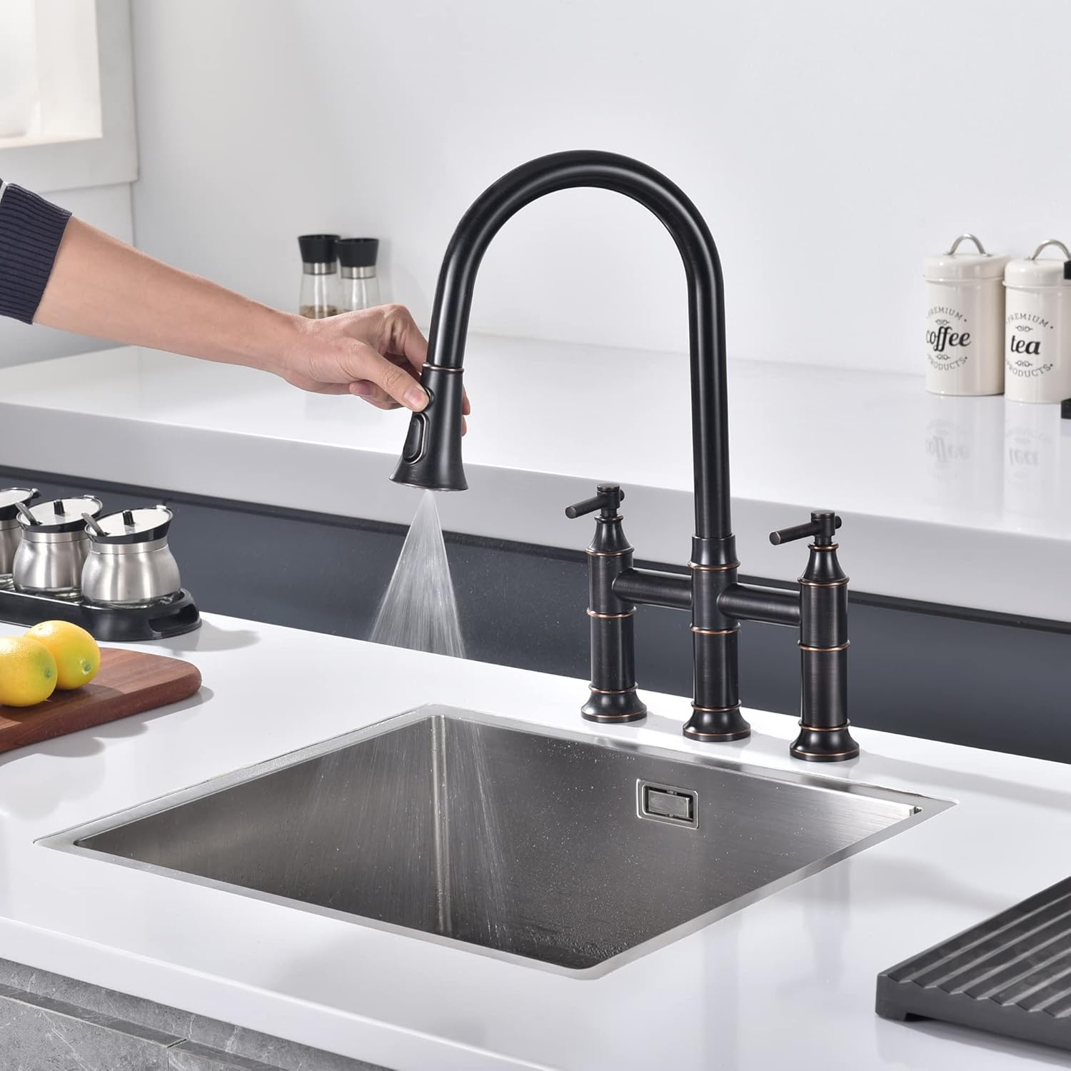 SUMERAIN Bridge Kitchen Faucet with Pull Down Sprayer, 3 Hole Kitchen Sink Faucet 2 Handle 8 Inch Faucet for Kitchen Sink Stainless Steel Oil Rubbed Bronze