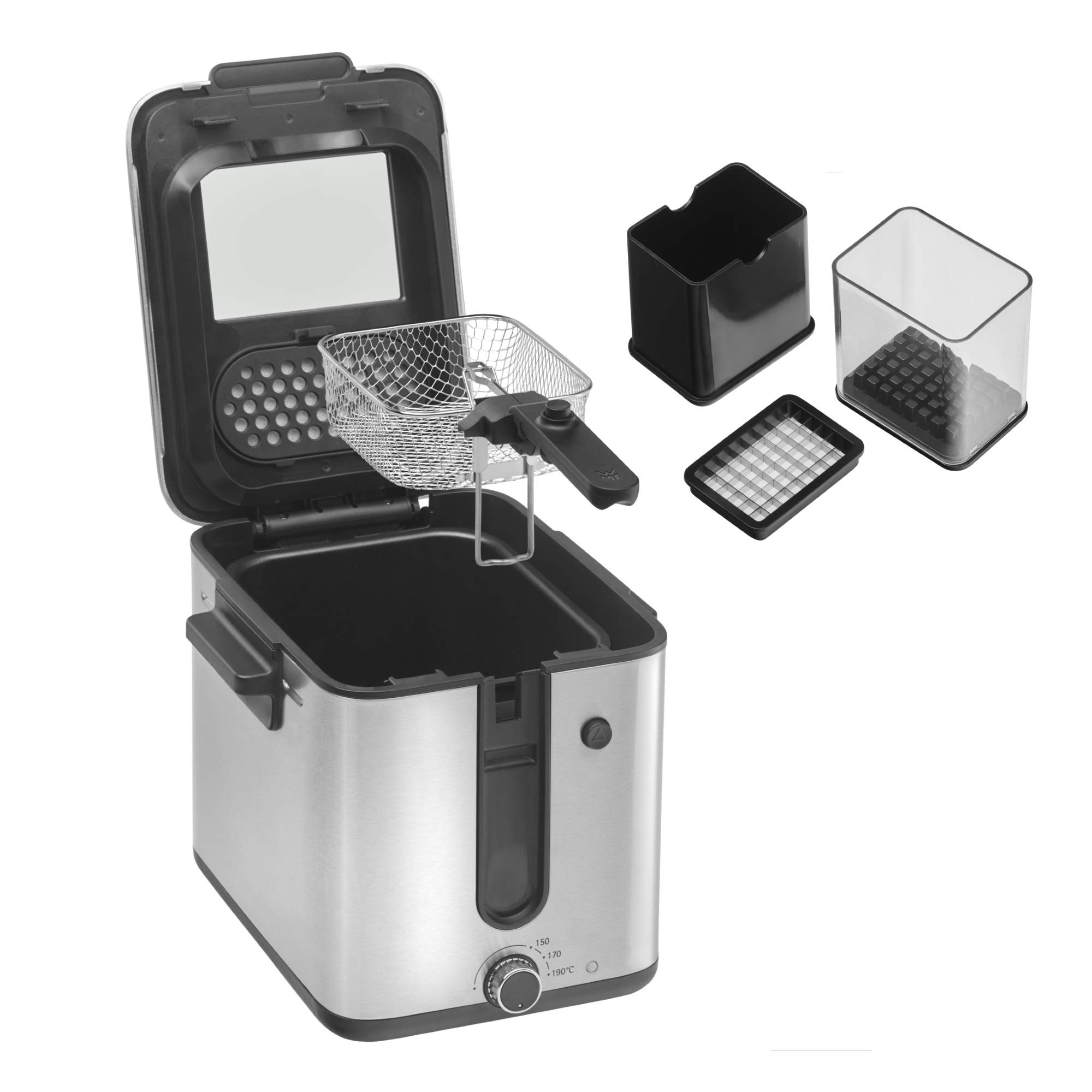 WMF Küchenminis mini frytkownica z tłuszczem/olejem, mini frytkownica z krajalnicą do ziemniaków, 1000 W, wyjmowany pojemnik na olej, na chrupiące frytki, stal nierdzewna matowa
