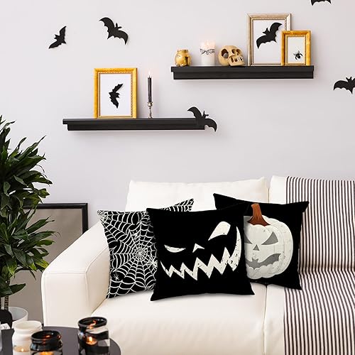 Miniatura 6 de Whaline Funda de almohada de 16 x 16 pulgadas, diseño de tela de araña de calabaza, funda de cojín de lino negro, fundas de cojín para el hogar,