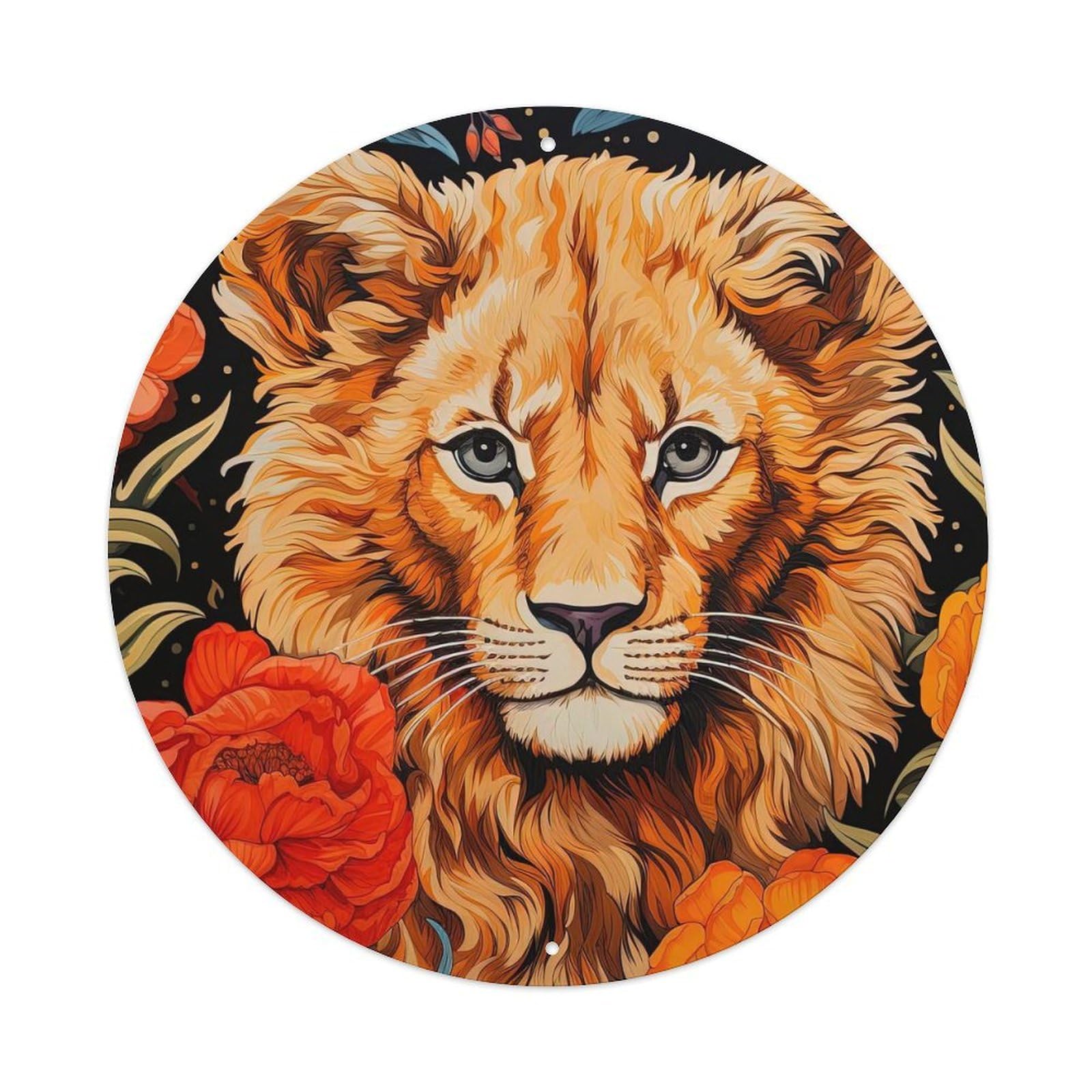 Animal Art Poster Lion Cub in The Flowers Vintage Metal Tin Sign Plaque Wall Decor for Cafe, Club, Garden Round Metal Poster 8x8Inch
