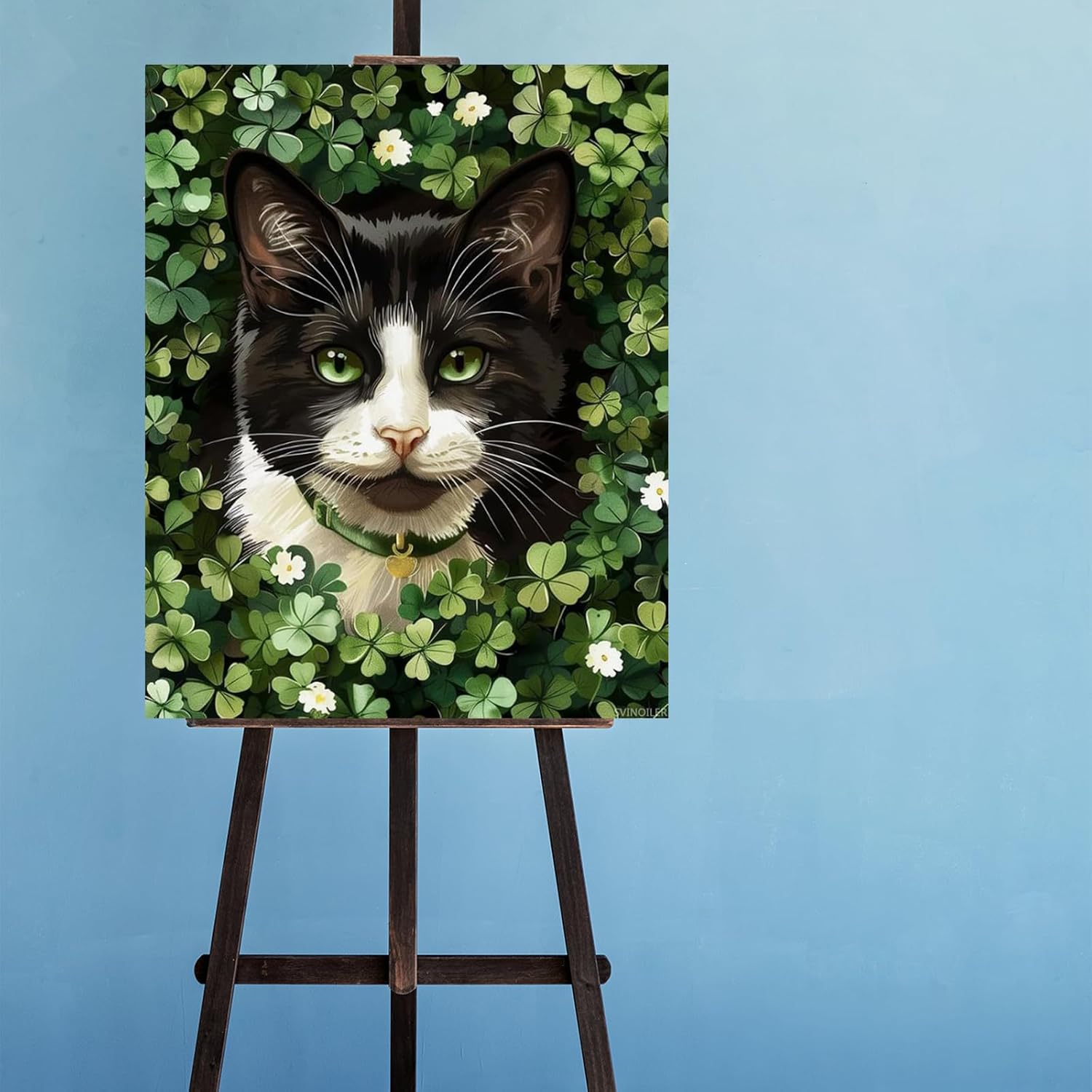 SVINOILER Cat St Patricks Day Paint by Numbers Kit for Adults Beginner Tuxedo Cat Green DIY Digital Oil Painting Kits on Canvas with Brushes and Acrylic for Home Decor Gifts 16x20 Inch
