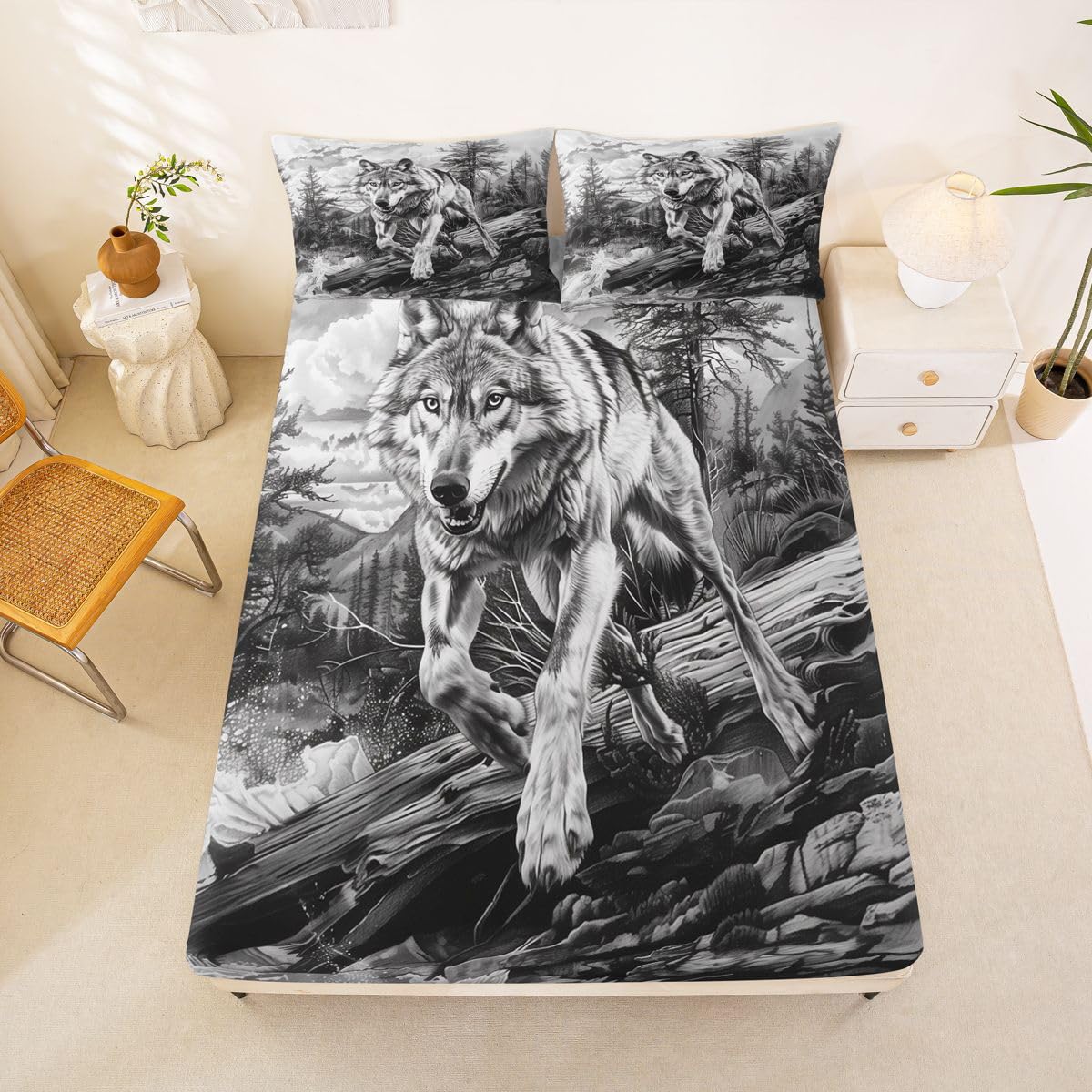 Manfei Juego de sábanas bajeras retro de lobo tamaño King, 3 piezas, diseño de animales salvajes de la selva, sábanas de caza y granja con 2 fundas de almohada, decoración de habitación de niños y