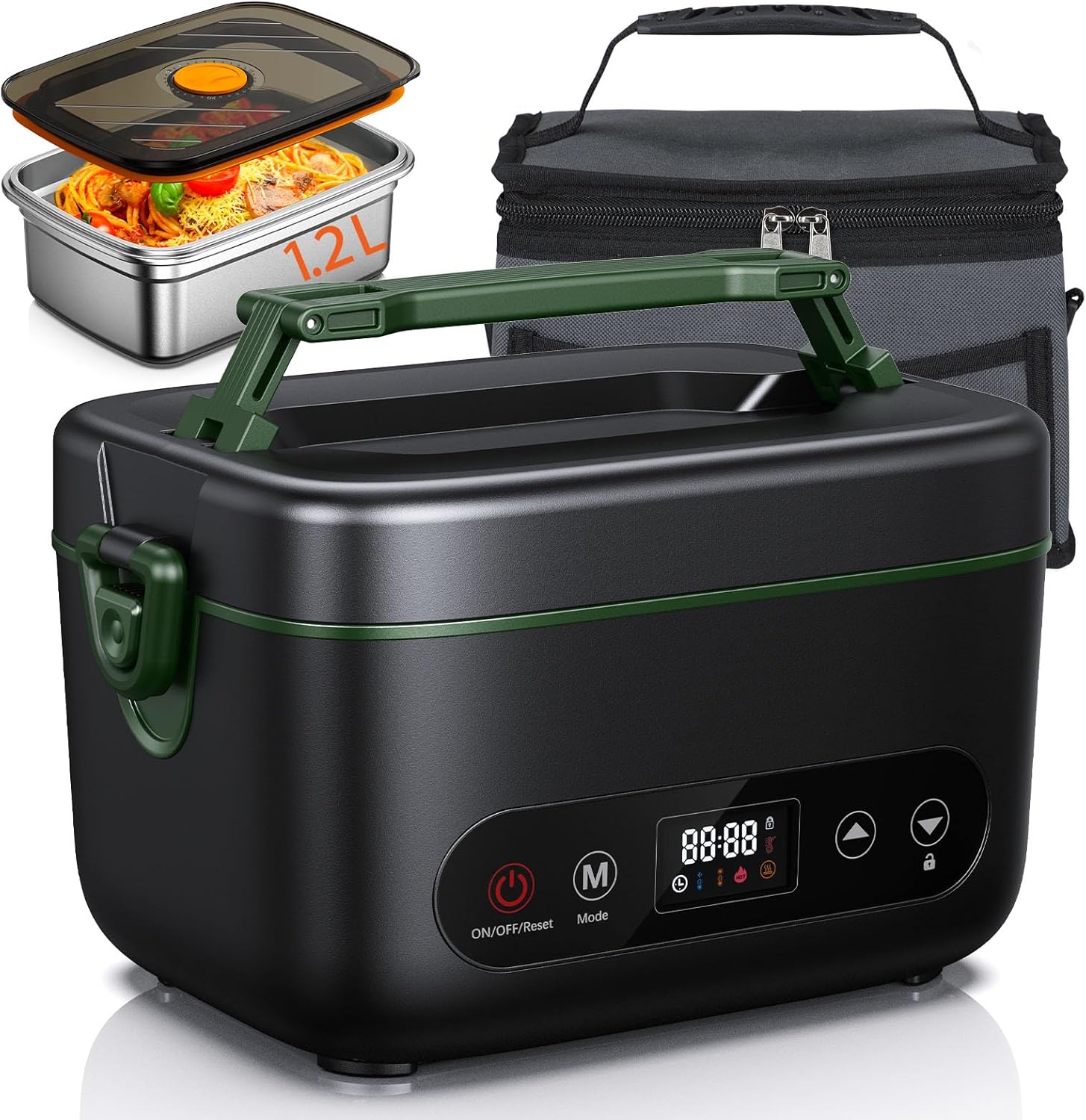 Cordless Electric Lunch Box, Battery Powered Heated Lunch Box, 1.2 Liter Food Insulated Lunchbox with Fork and Spoon Insulated Carrying Pouch for Office, Truck, Outdoors (Black+Green)
