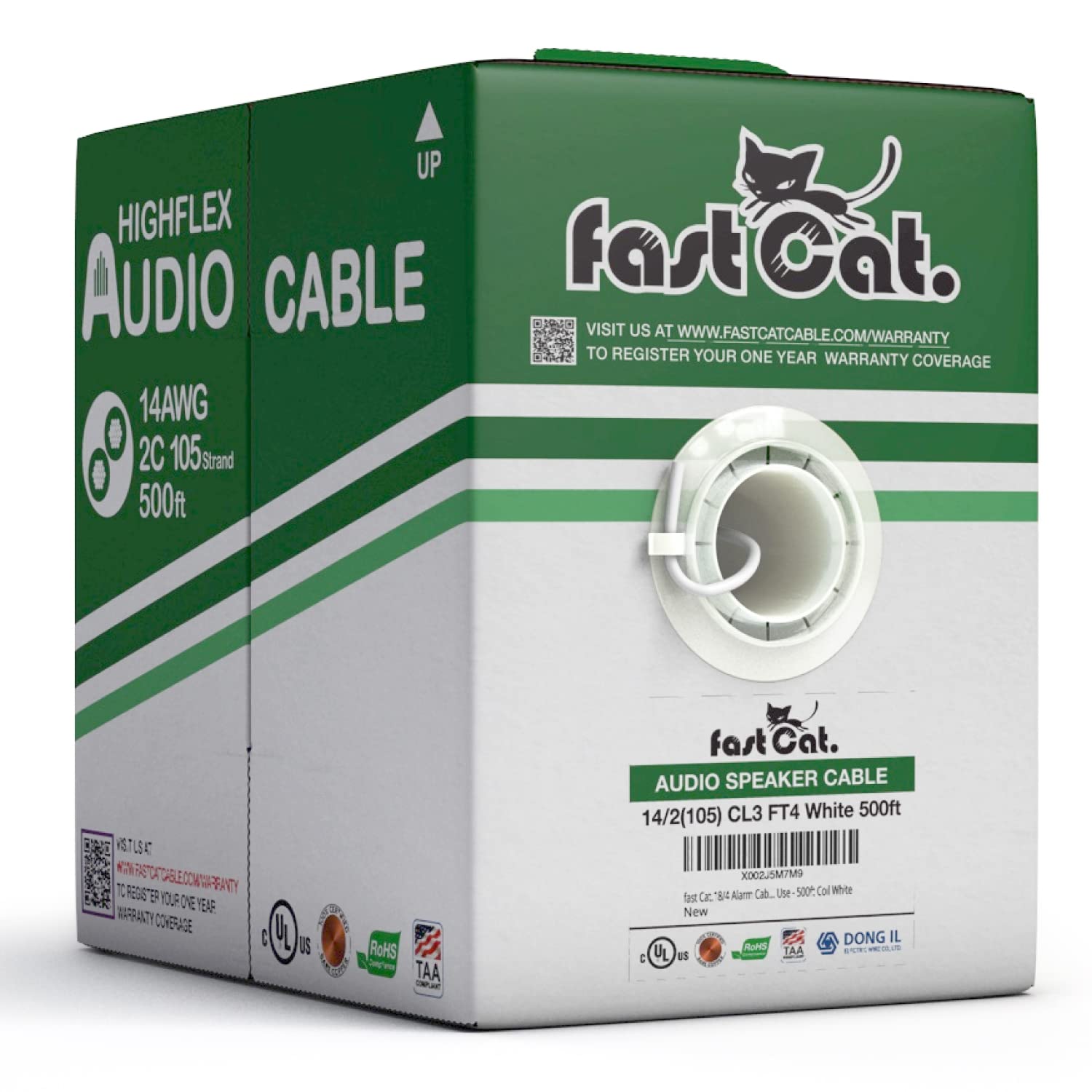 fast Cat. Speaker Wire 14 Guage 2C, UL Listed & CMR/CL3R-FT4 Rated - Speaker Cable w/PVC Jacket, 100% Oxygen-Free Pure Bare Copper - (105) HighFlex 14