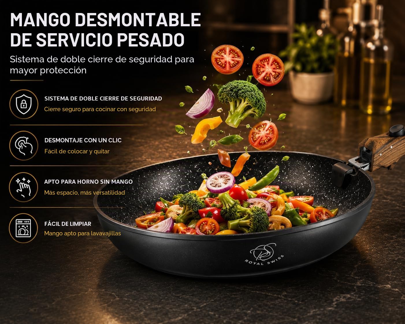 Royal Swiss® Set de ollas, 4 piezas, mango desmontable, revestimiento de mármol, inducción, sin PFAS, para todo tipo de fuentes de calor, negro (negro, 4)