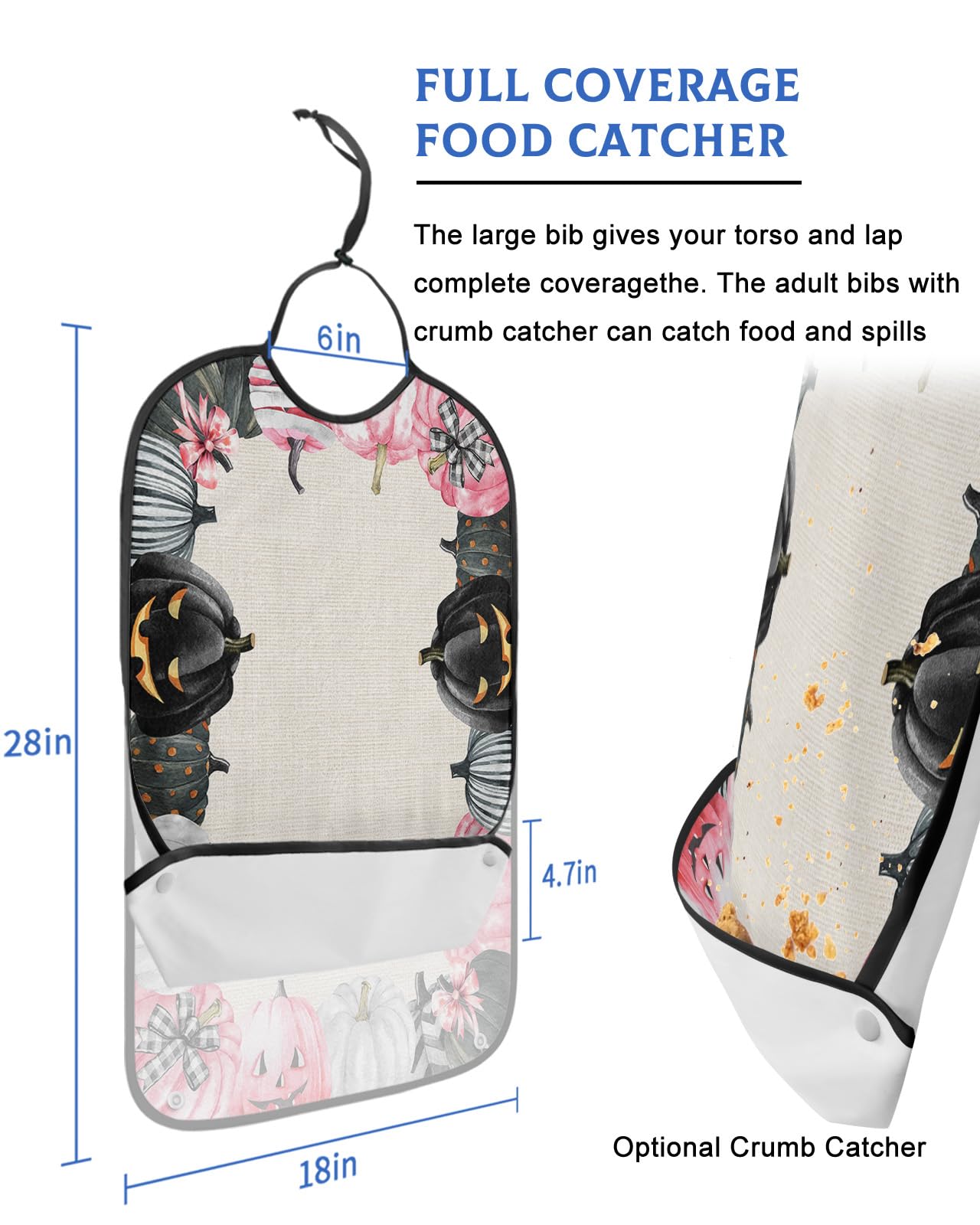 LEOKOTI Halloween Adult Bibs for Eating, Waterproof Bibs with Food Catcher & Adjustable Snap Closure, Pink Grey Black Pumpkins Rustic Washable Clothing Protectors Adult Bibs for Elderly Women/Men