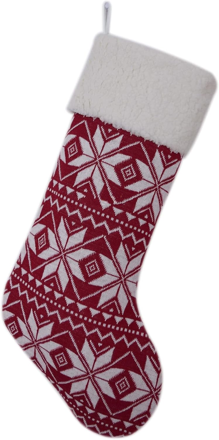 5pcs Christmas Stockings with Red Knitted Snowflake Design, Luxury Decoration Socks for Christmas Tree Ornaments and Gift Bags