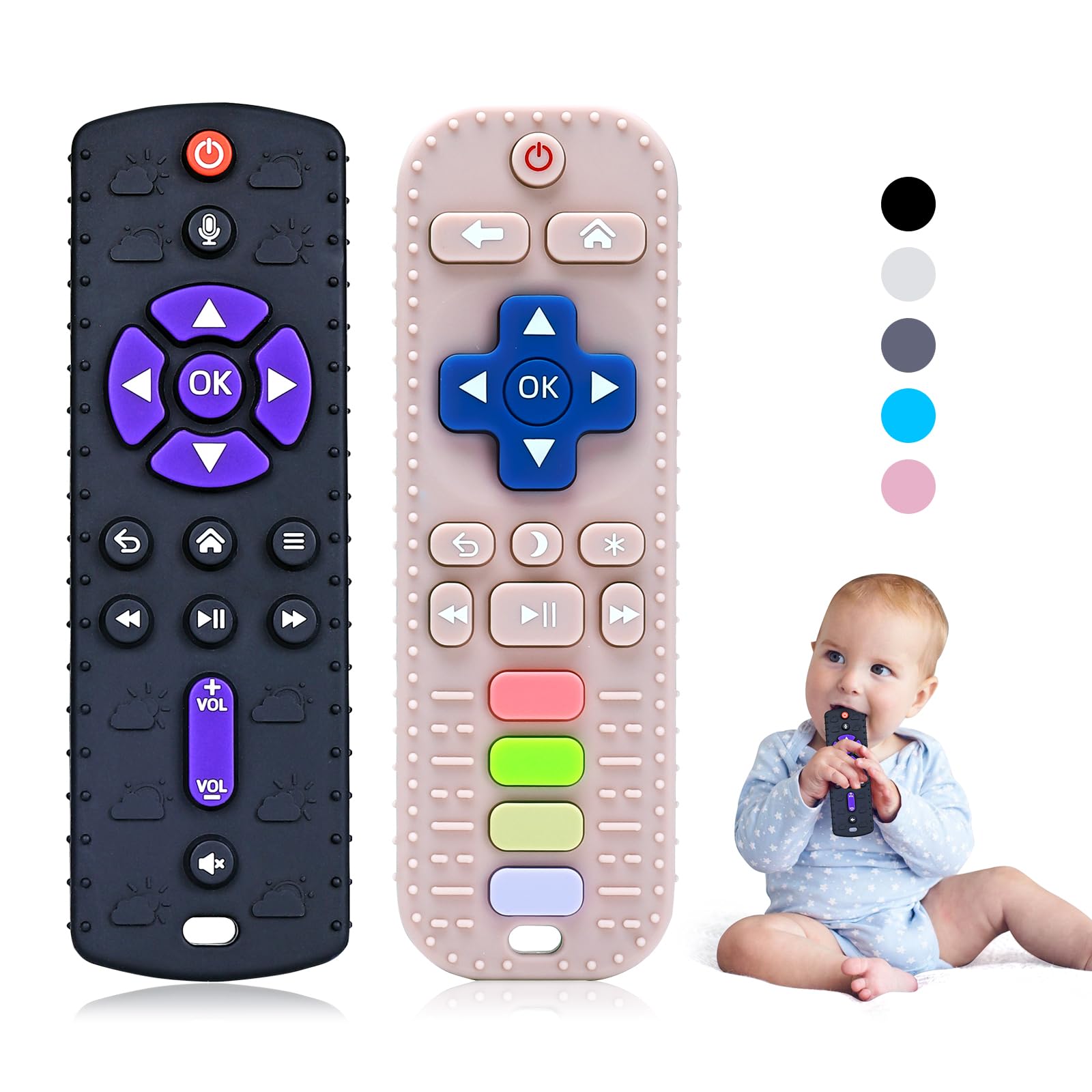 2 Pcs Telecomando Giocattolo per Neonati, Giochi Neonato 3 6 9 Mesi, Massaggia Gengive Neonati Silicone con Clip Ciuccio e Pulsanti Premibili, Giochi Bambini 1 Anno di Qualità Alimentare, Nero & Rosa