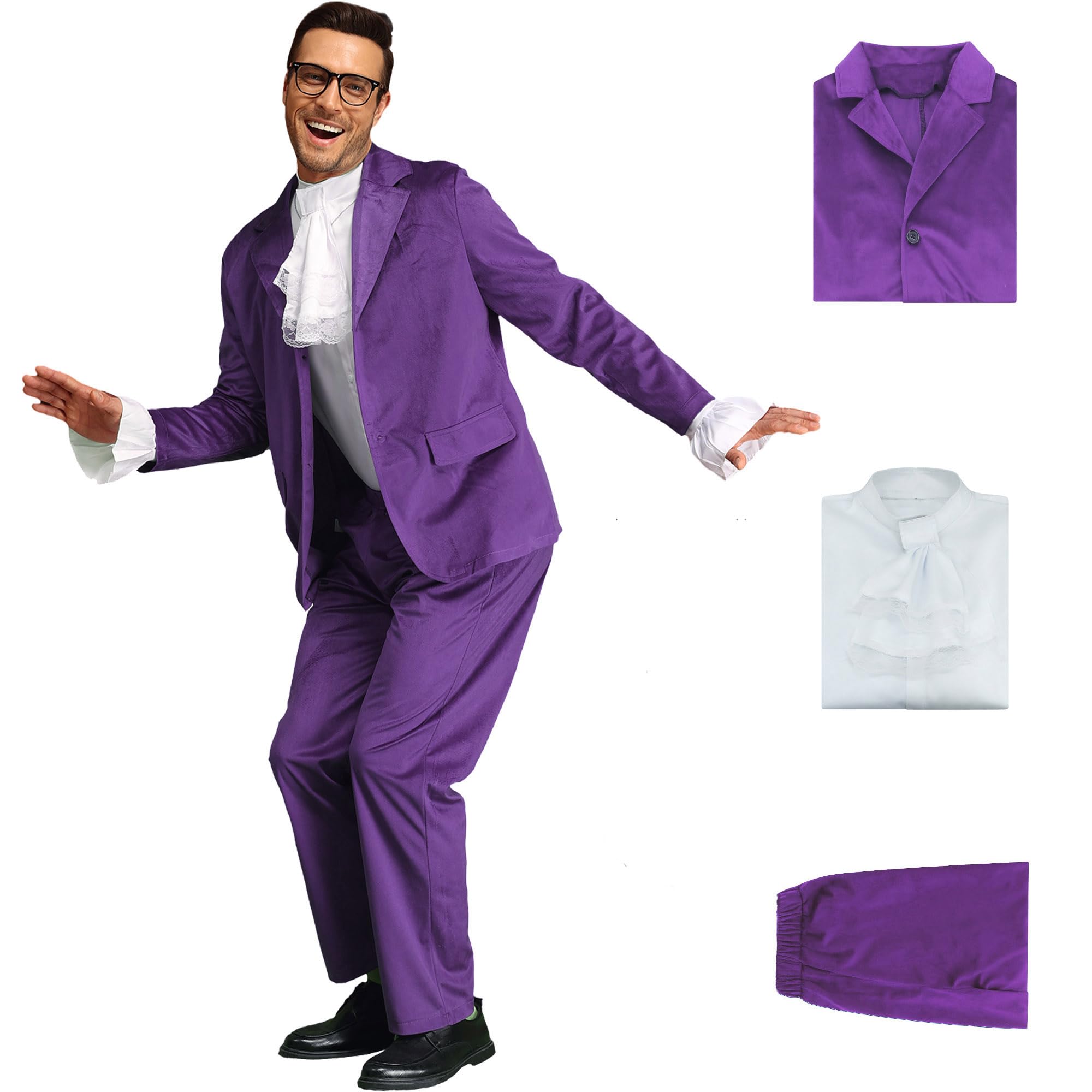 AYYOHON Blue 60s Swinger Costume Groovy Costumes for Men Spy Austin Halloween Cosplay Suit Ruffle Shirt Jacket Pants Set 2XL
