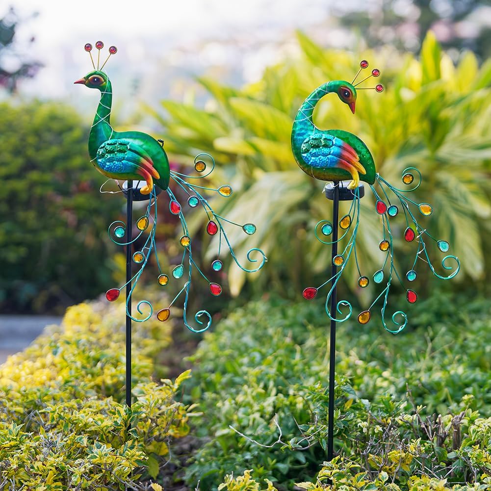 DREAMSOUL 2 Pack Peacock Solar Lights Outdoor, Tall Waterproof LED Outdoor Solar Lights for Yard Pathway Peacock Decor