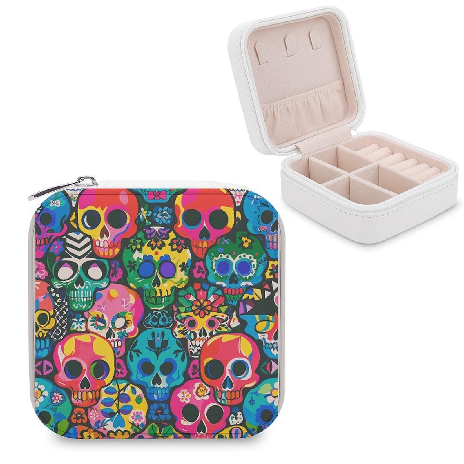 FekiLoot Colorful Skulls Print Jewelry Case Personalized Leather Jewelry Box Mini Travel Jewelry Case Small Portable Jewelry Organizer for Ring Earrings Necklace Bracelet