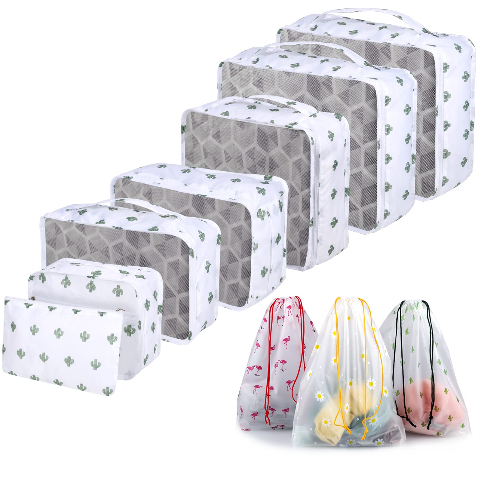 Sciphylia Organizer Valigie Organizer Valigia Set di 10 Borse Organizer da Viaggio Impermeabili Cubi di Imballaggio Viaggio Accessori Utili per Vestiti Cosmetici Scarpe Biancheria Intima Cactus Bianco