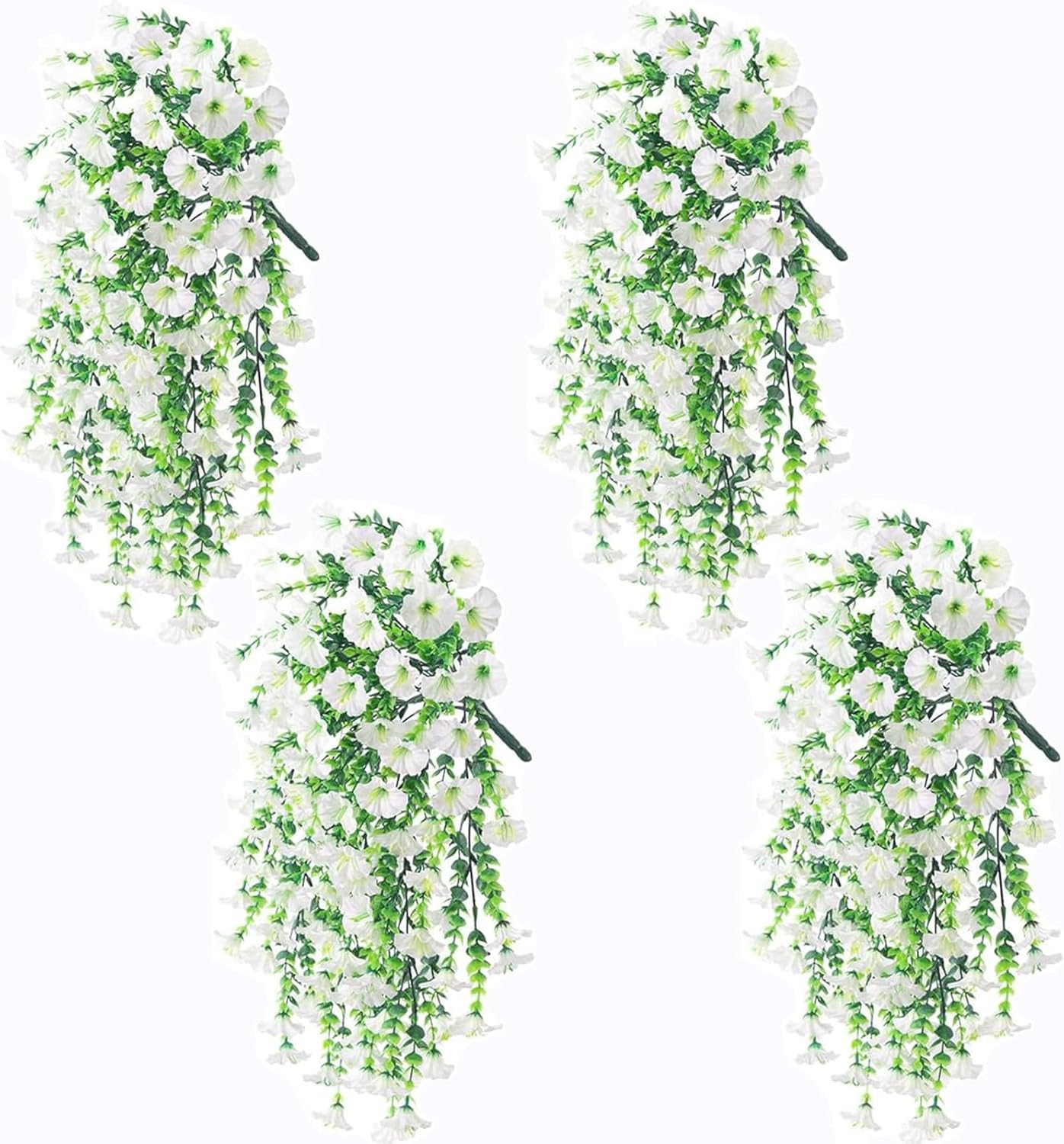 BIG KEYS Artificial Fake Plants for Outdoor Spring, Summer, Autumn and of Decoration, 4PCS Faux Silk Morning Glory Long Vines Stems UV Resistant Look Real for Outside Home Porch Patio (White)