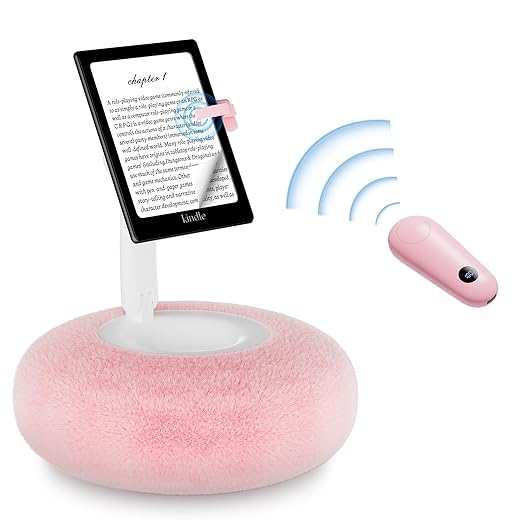 Magnetic Kindle Holder with Page Turner, Cozy Pillow Kindle Stand for Reading, 360° Adjustable Phone Holder for Bed, Small Bowl for Tablet Stand with Stable Suction Base (Pink)