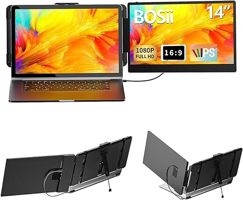 BOSII Monitor extensor de pantalla para portátil - Monitor portátil extendido IPS FHD 1080P HDMI/USB-A/Tipo-C de 14 pulgadas (longitud máxima: 15.74