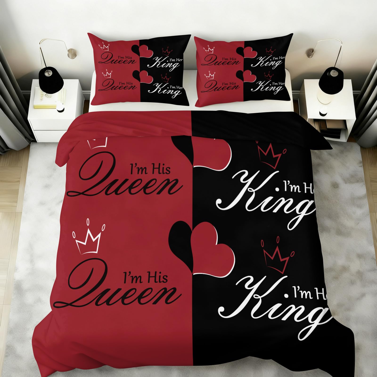 Romantisches King Queen Pärchen Bettwäsche Set Rot Schwarz Herz Krone Bettbezug mit Kissenbezügen Romantische Liebe Bettwäsche Liebesmotiv Schlafzimmer Dekor Super King 260x230 cm
