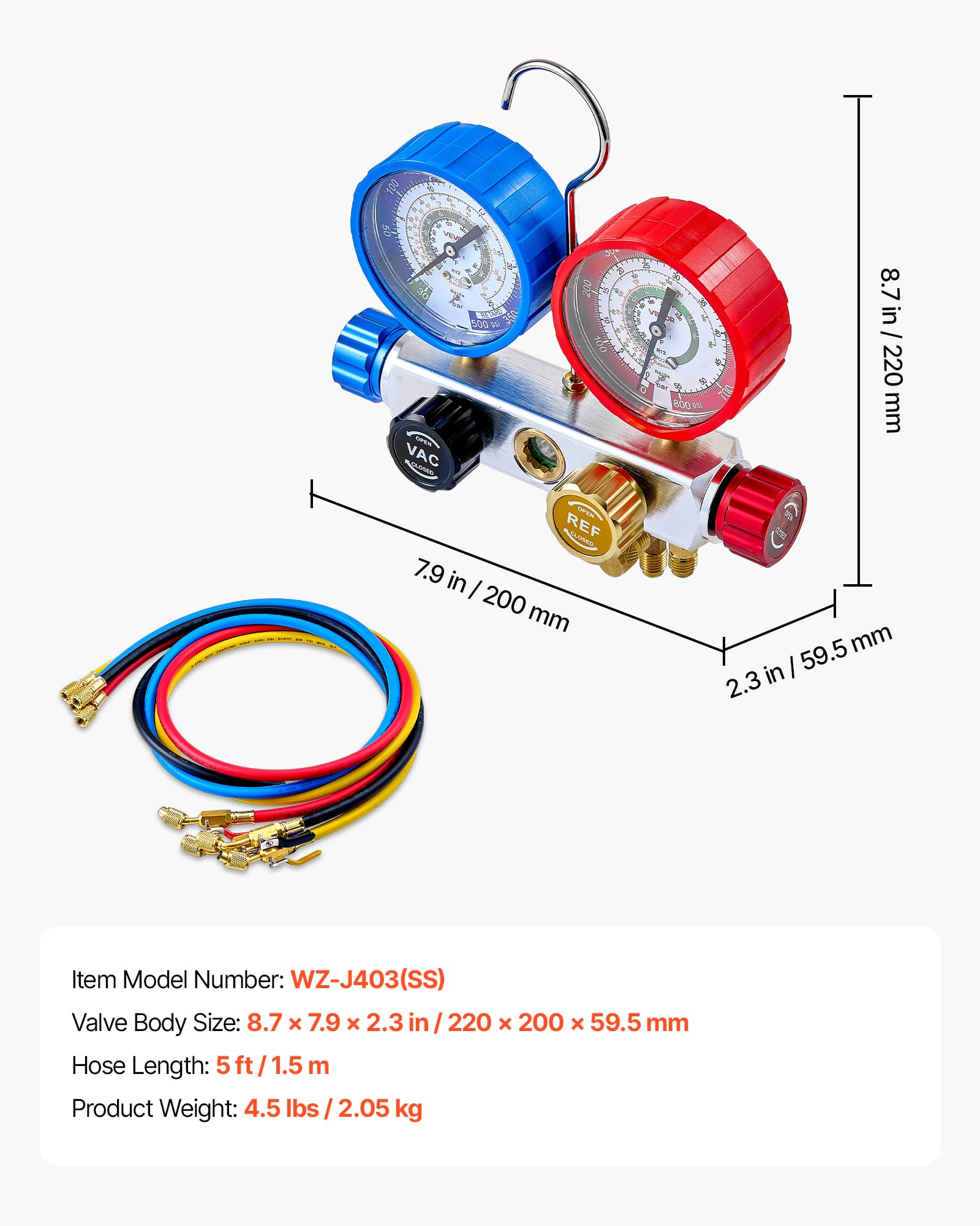 VEVOR Klimaanlagen-Manometer-Set für R22 R404A R410A R12 Kältemittel,4-Wege-Manometer mit 1,5-m-Schläuchen, für Wartung Evakuierung Befüllung Rückgewinnung von Klimaanlagen in Fahrzeugen Haushalten