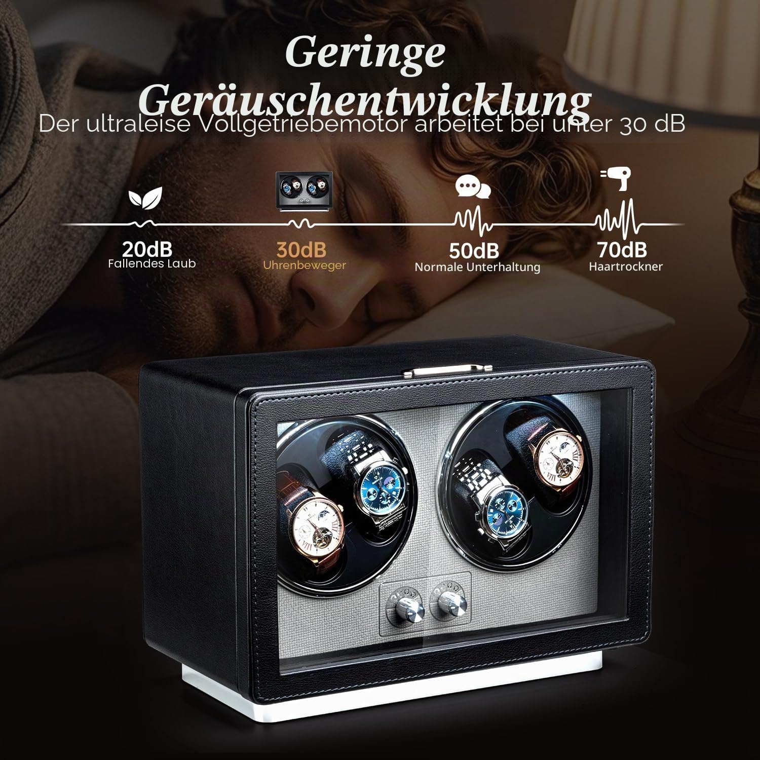 Mcbazel Automatischer Uhrenbeweger für 4 Uhren, PU-Leder Uhrenbox mit Ultraleisem Motor und LED-Licht, 4 Modi für Automatikuhren, USB-C & Batteriebetrieben - Schwarz