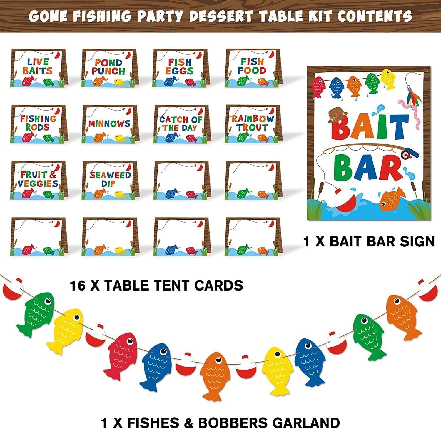 Gone Fishing Bait Bar Bobber Dessert Food Buffet Decoration-Fishing Banner Food Labels The Big One Dessert Table Birthday Party Favor Ideas Supplies Set of 18
