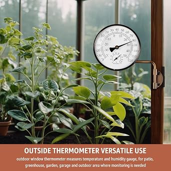 4-Inch Brass Analog Outdoor Thermometer & Humidity Gauge, Vintage Decor, Easy Install, Battery-Free, Window Readable for Patio Garden Garage Greenhouse