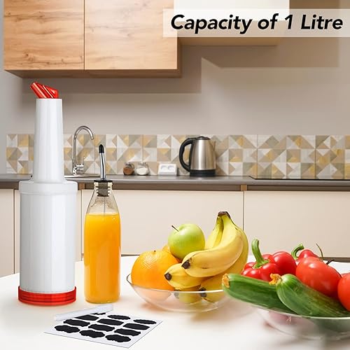 Miniatura 6 de Ruisita Paquete de 6 botellas de jugo de fruta y licor, recipientes de plástico con vertedor de botellas de acero inoxidable, boquilla cónica para