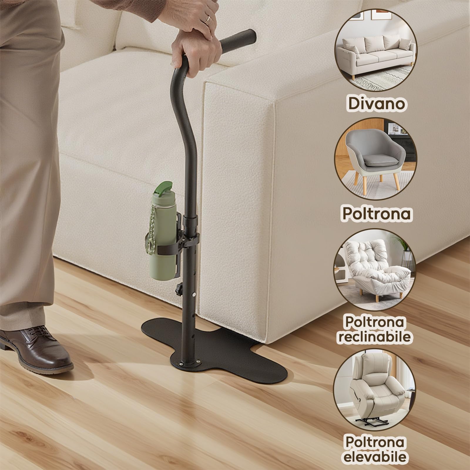 Supporto per anziani, con portabicchieri, regolabile in altezza, maniglione di sicurezza per divano o sedia, supporto per la vita quotidiana per anziani, disabili e disabili (nero)