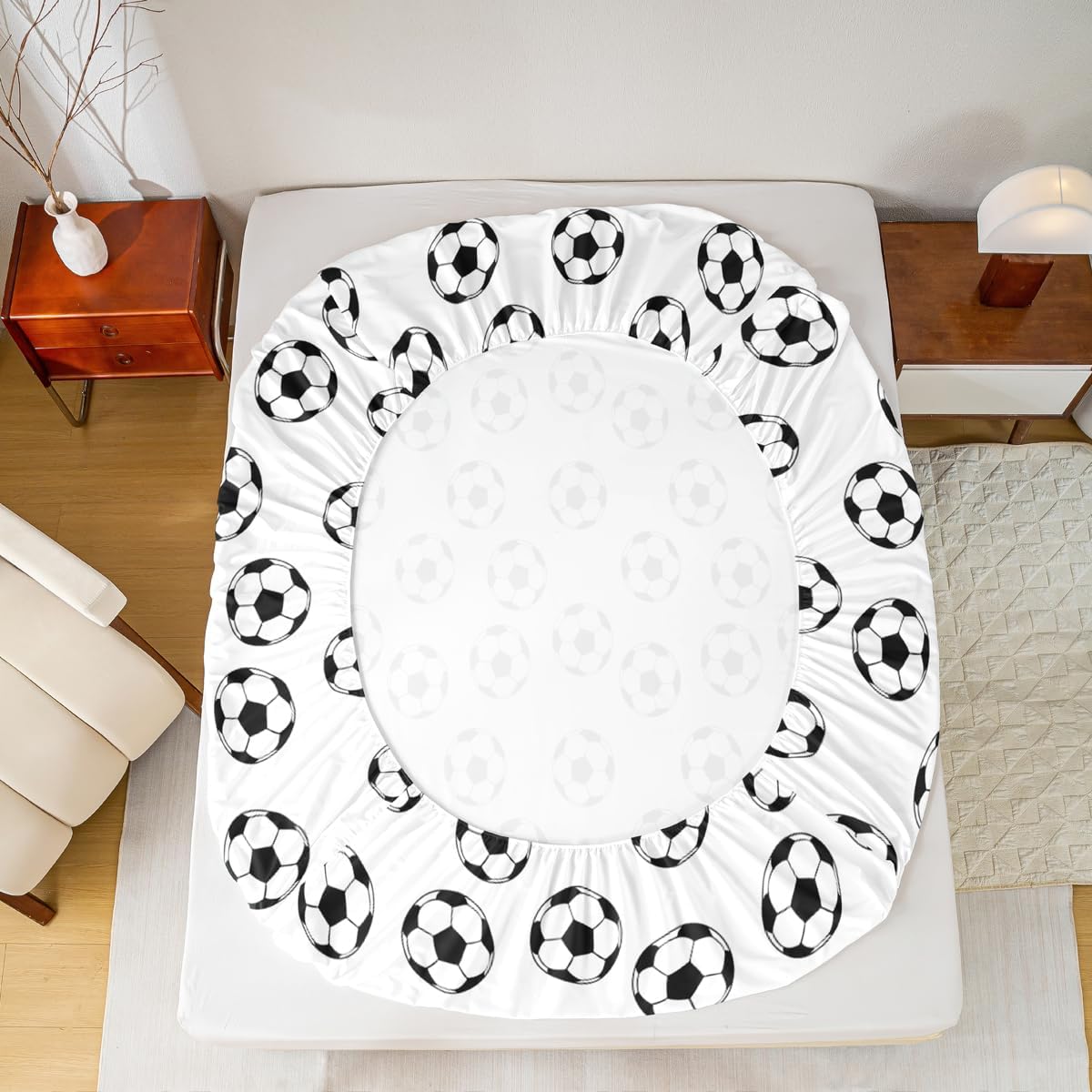 Soccer Kids Sheet Full Size,Ball Sports Games Competition Bedding Set,Girls Boys Adults Room Decor,American Football Cartoon Black White Unique Bed Sheet Set 4pcs(Fitted + Flat + 2 Pillowcases) - Image 7
