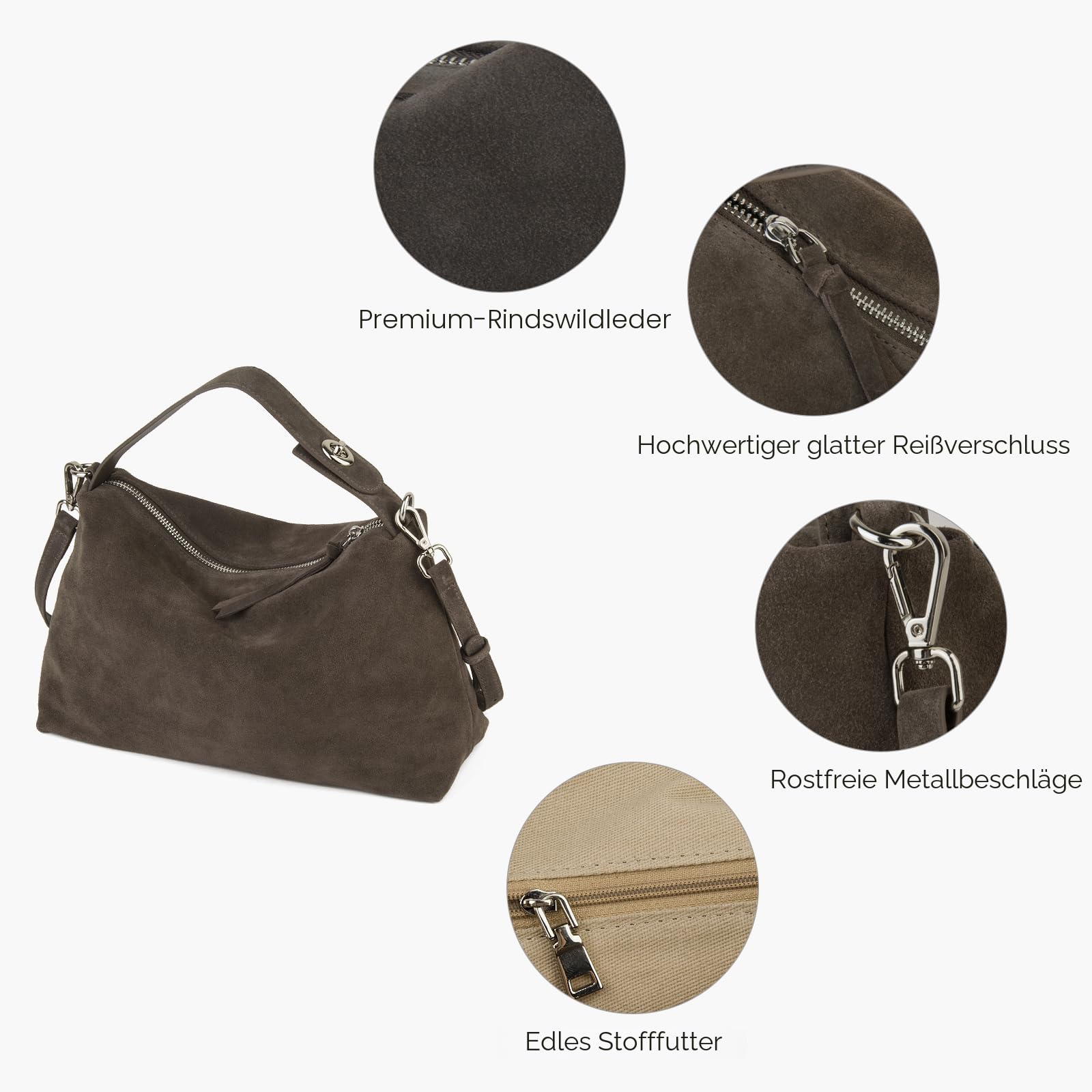 DONNAIN Premium Wildleder Tasche Damen aus Halbmondform, Handtasche Leder, Lederhandtasche Damen Echtleder, Umhängetasche, Elegant Suede Bag mit verstellbarem Riemen
