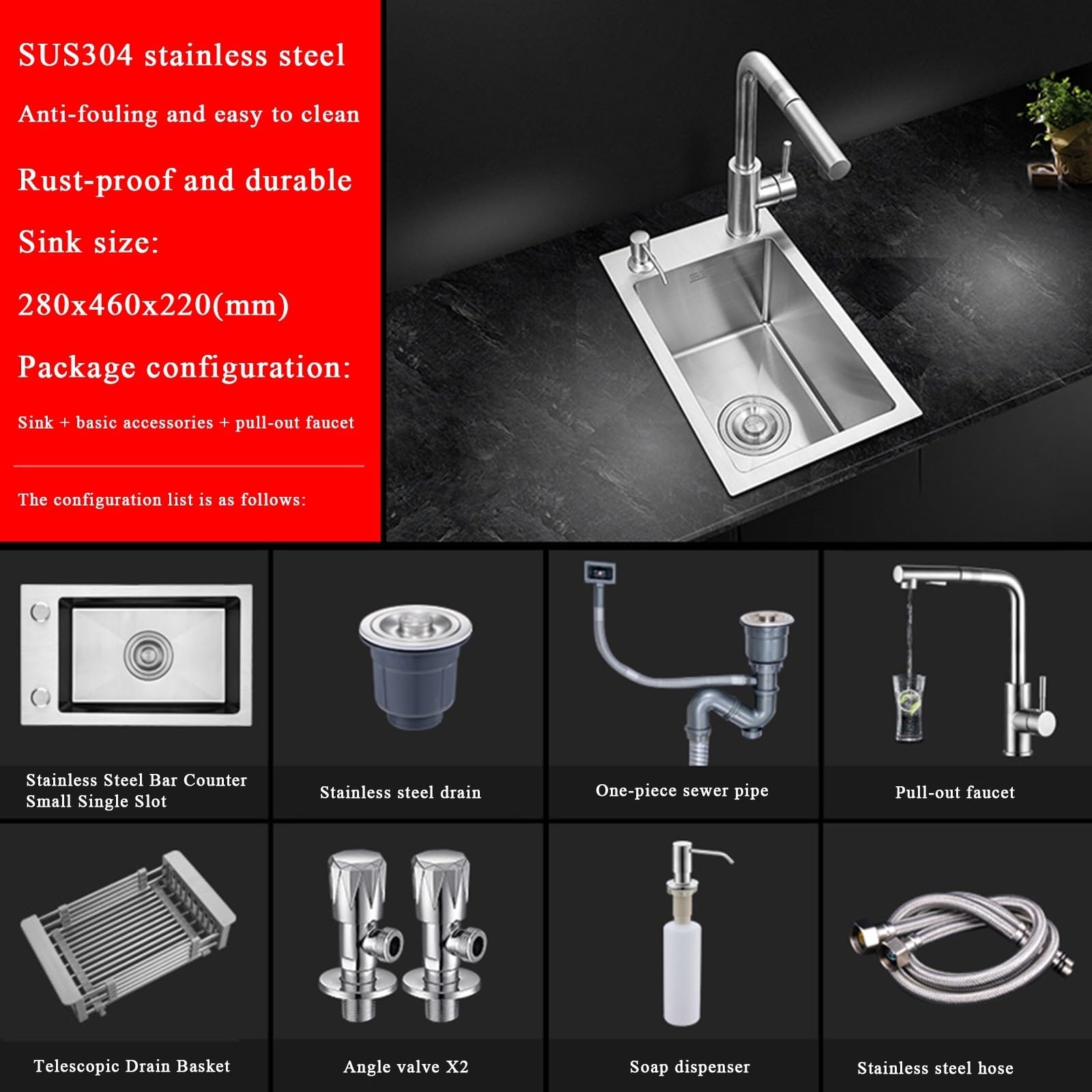 Evier de cuisine bar de balcon lavabo évier simple en inox 304 avec robinet extractible, distributeur de savon, panier télescopique (28 * 46 * 22cm, Argent)