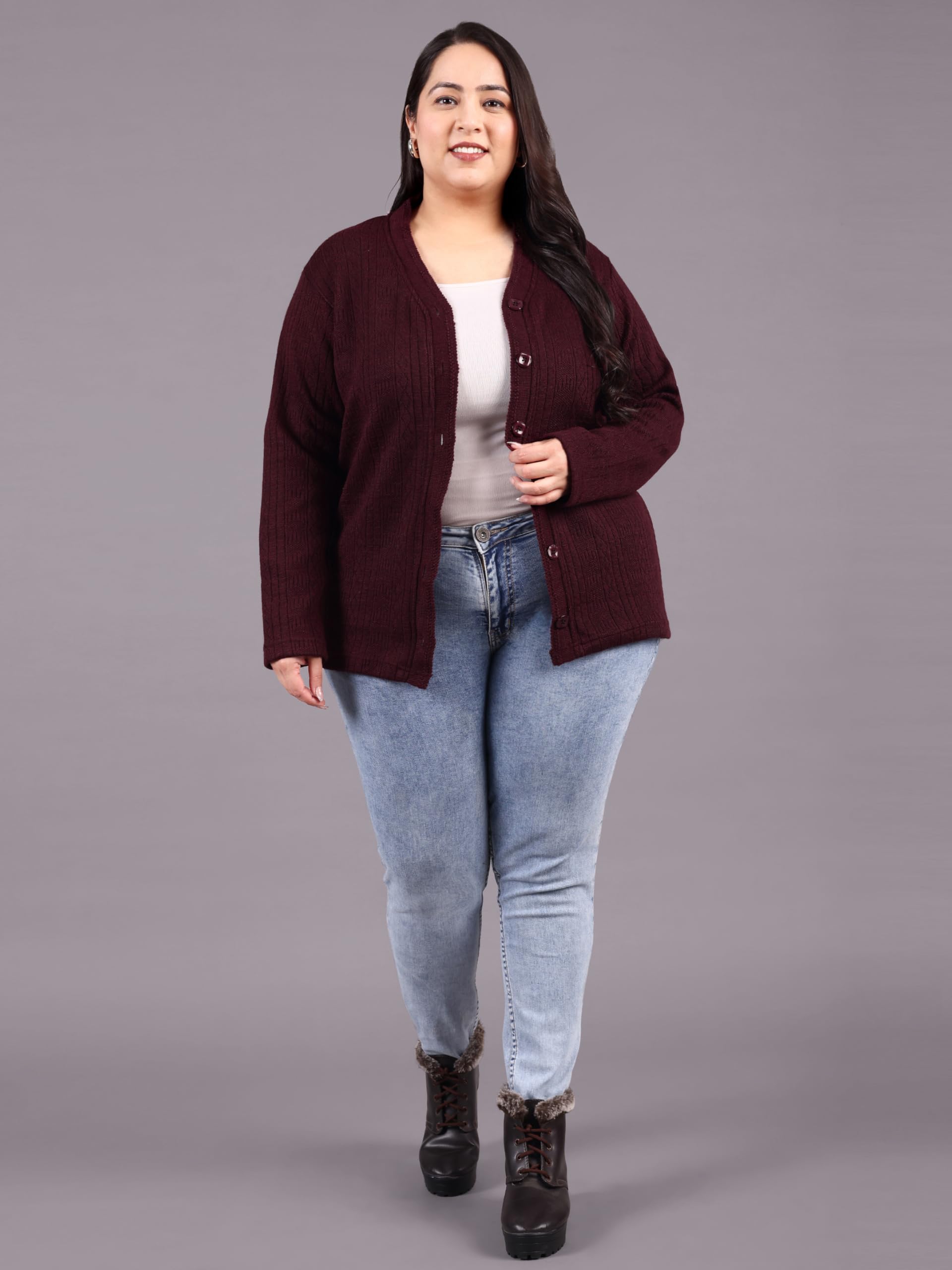 HIFZAA Plus Size Sweater for Womens Woolen Full Sleeve Cardigan 3XL 4XL 5XL 6XL Wine - Image 5 thumbnail