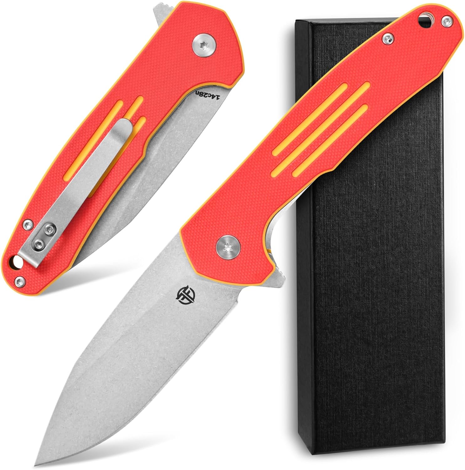 FF16 14C28N Steel Blade Folding Knife G10 Handle EDC Knife Pocket Clip for Outdoor Camping, Hiking, Hunting(Red)