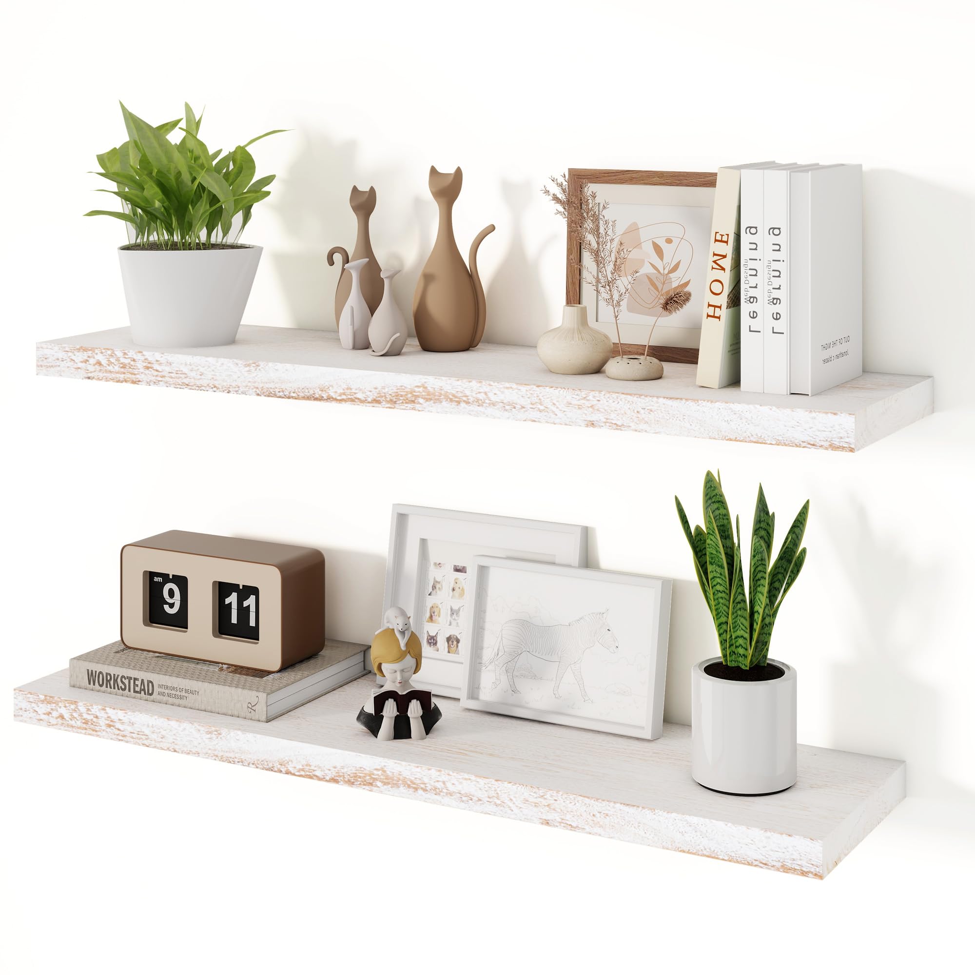 Vivelove Elm Wood Floating Shelf 36x8” Set of 2, Weathered White