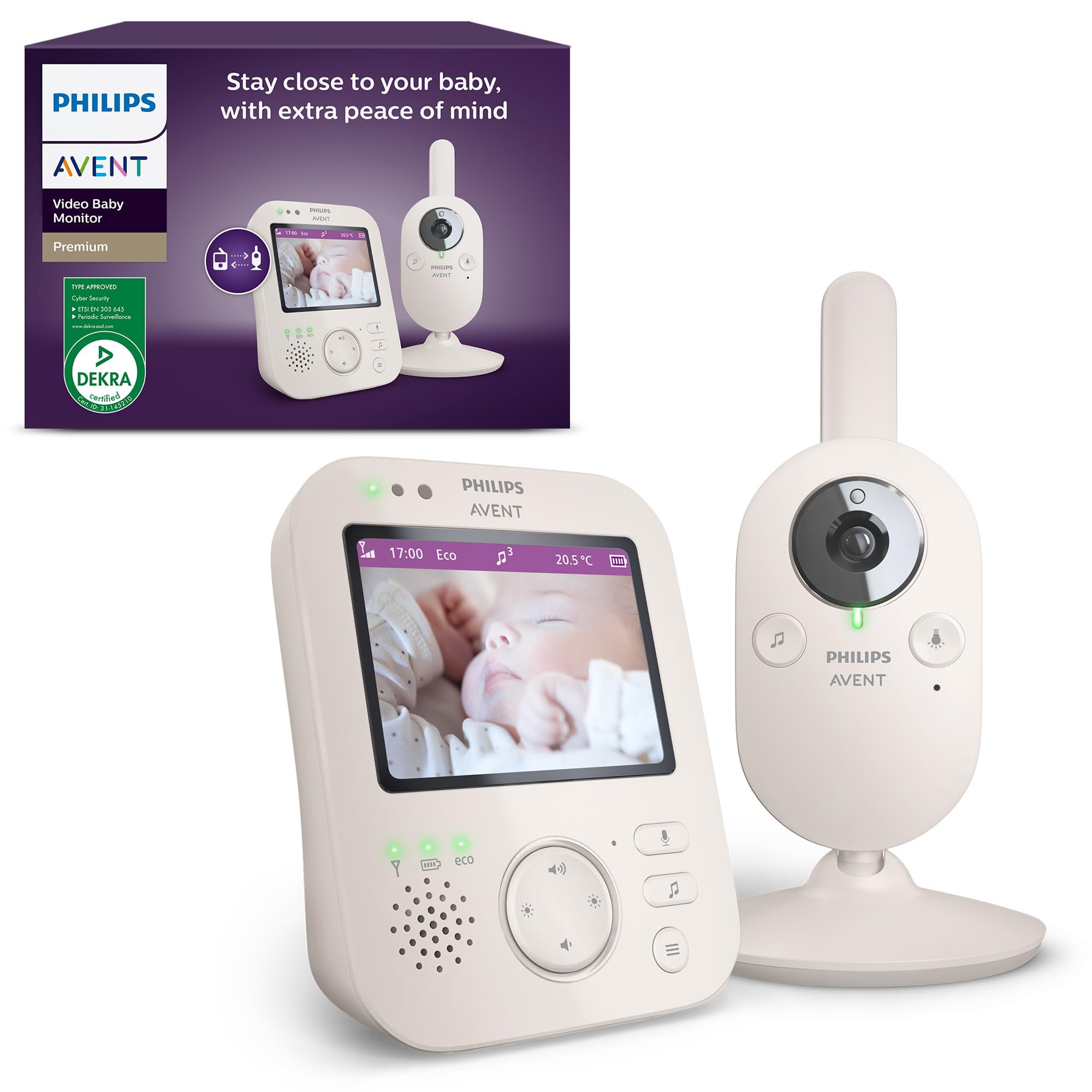 Philips AVENT Philips Babyphone mit Kamera Premium - DEKRA Zertifiziert privat und sicher - 3.5" Display, x4 Zoom, Nachtsicht, Schlafliedern und Thermometer (SCD891/26)