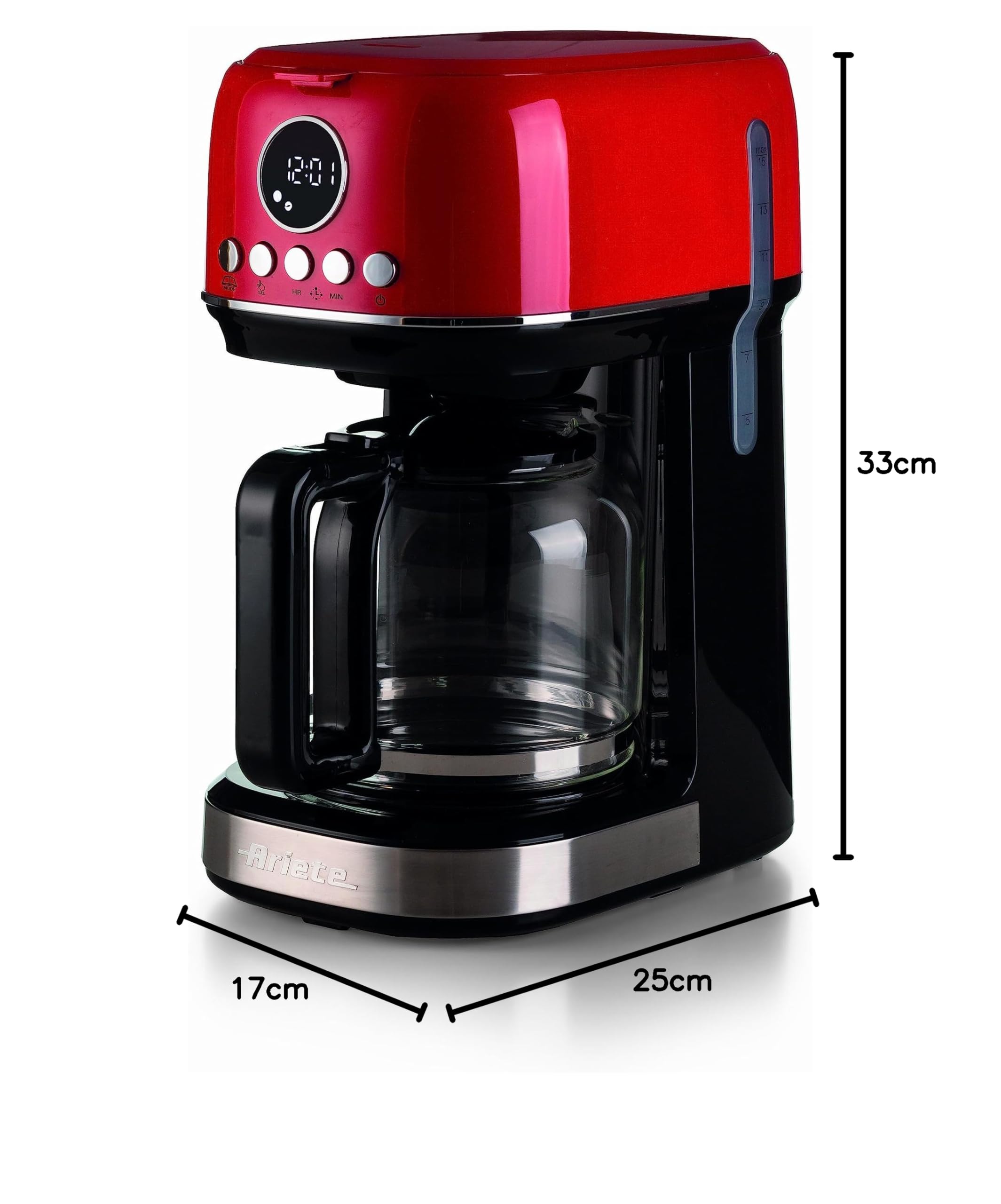 Ariete, Moderna 1396 Cafetière Filtre, Préparez Jusqu'à 15 Tasses de Café Américain, Carafe en Verre Trempé, Base Chauffante, Écran LCD, Filtres Amovibles et Lavables, Rouge
