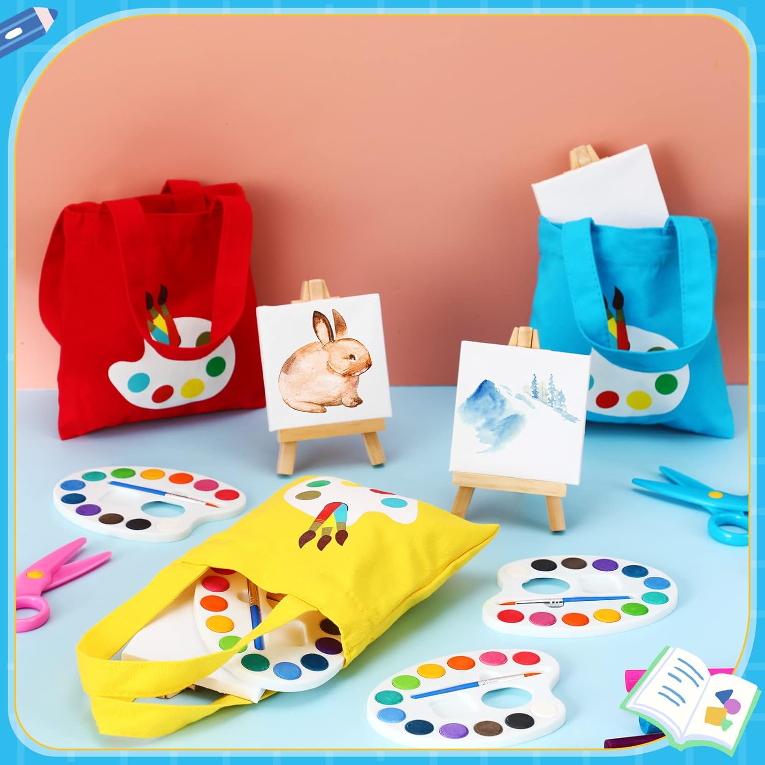 Seajan 12 Set Mini Watercolor Paint Set Include 3 x 3'' Mini Canvas Wood Easel 12 Colors Watercolor Paints and Canvas Tote Bags for Easter Classroom Art Party Favors Painting Beginner